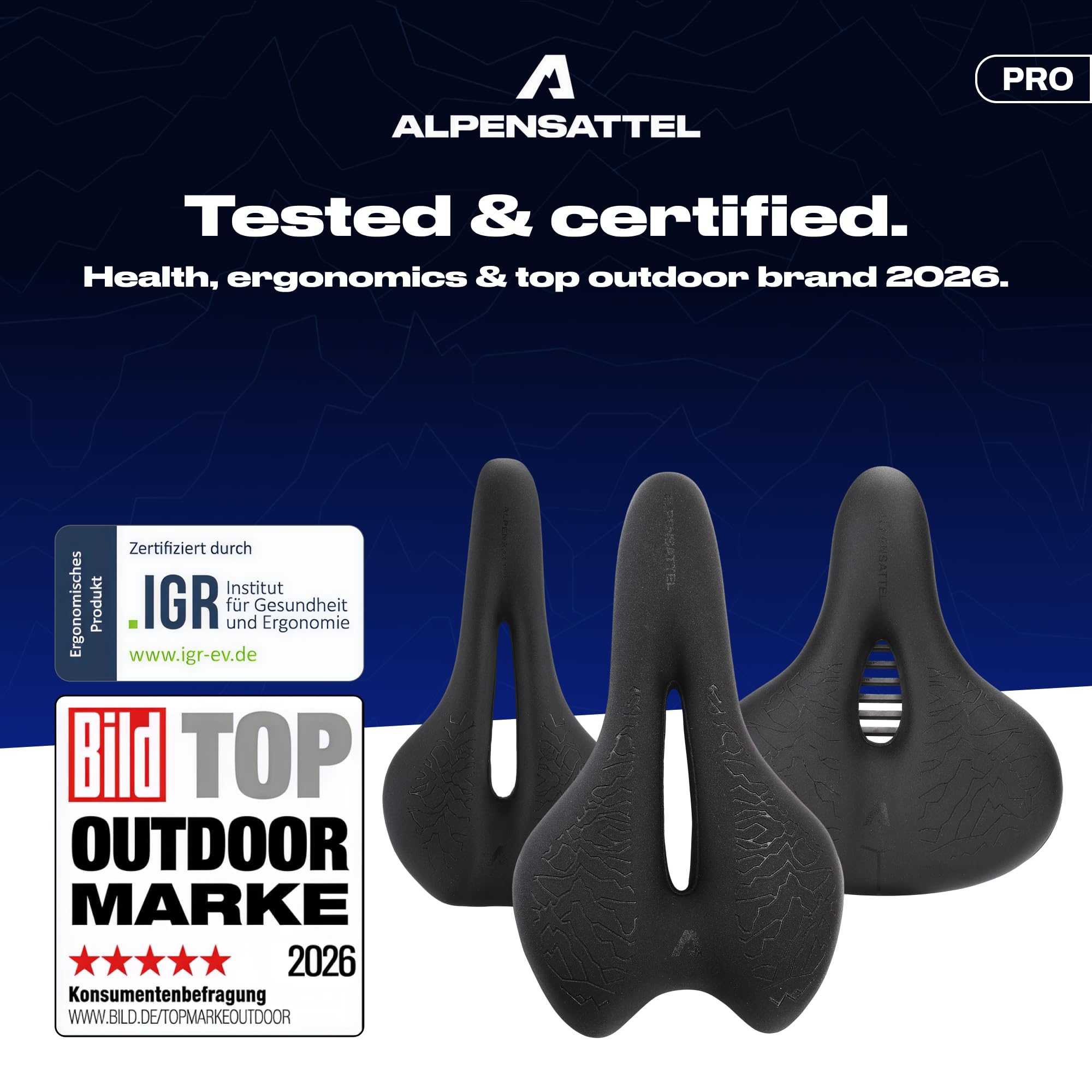 ALPENSATTEL® Sillín de bicicleta ergonómico [espuma viscoelástica 3D] – Sillín para hombre y mujer – Material transpirable para una distribución ideal de la presión – Soporte universal para cada rueda