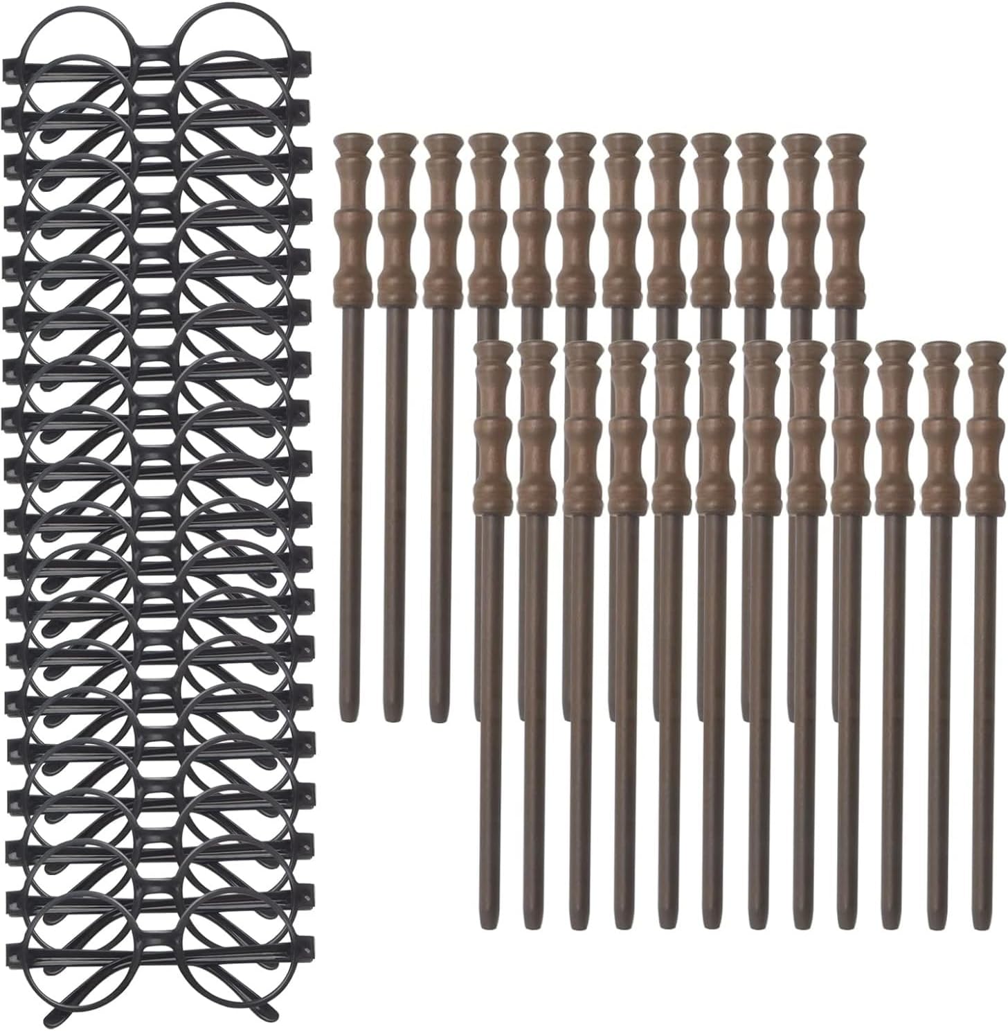Party Supplies -24pcs Wand Pencil, 24pcs Black Glasses with Round Frame No Lenses for School , Birthday , Cosplay Decor, Halloween (48pcs all)