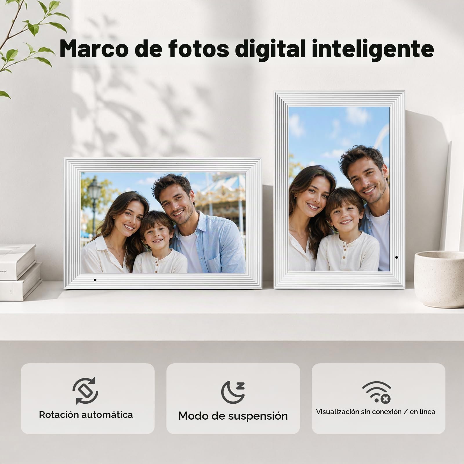 AEEZO Marco Digital de 32 GB, Marco Fotos de Digital con WiFi de 10,1″, Marco Digital con Rotación Automática, Fácil y Rápido Intercambio Remoto de Fotos y Vídeos a Través de AiMOR (Blanco a Rayas)