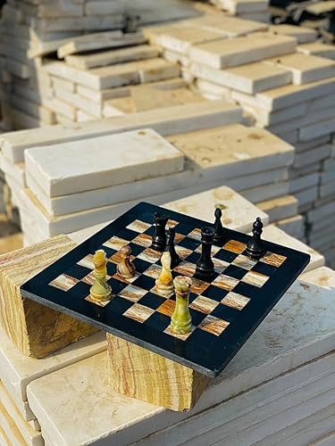 Miniatura 3 de NB - Juego de ajedrez de mármol hecho a mano de 12 pulgadas con caja de regalo de terciopelo azul, elegante tablero de ajedrez de piedra con juego