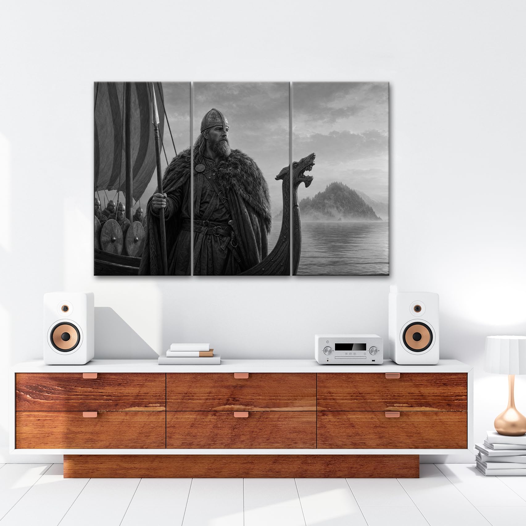 Obraz na płótnie Wikingowie na smoczej łodzi w wodzie 120 x 80 cm czarno-biały