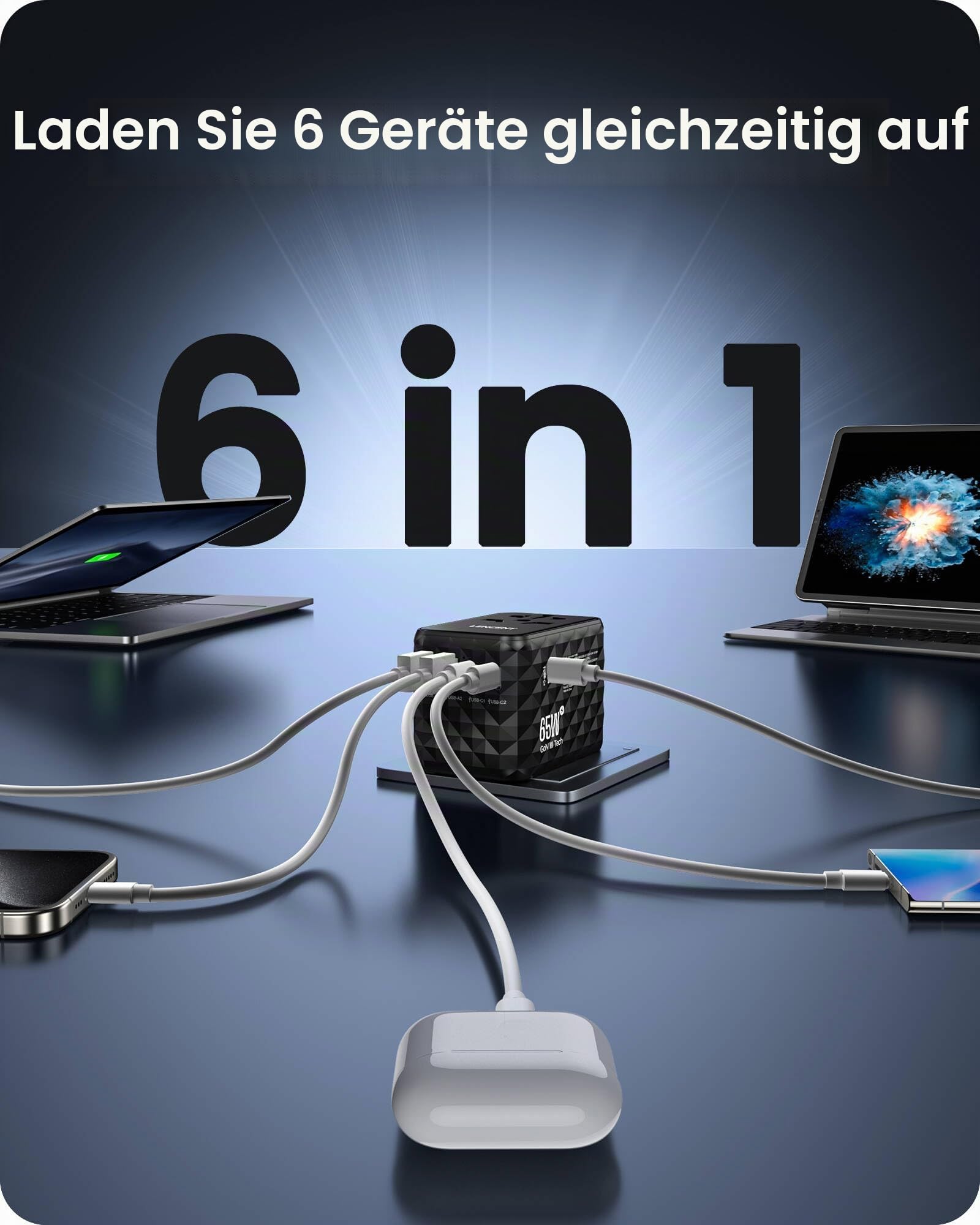 LENCENT Universal Reiseadapter 65W Schnellladung, Internationaler Adapter | Reisestecker für Typ A/C/G/I(UK,EU,AU,US) Steckdosen, 2 USB-A & 3 USB-C Schnelles Aufladen für Handy, Schwarz