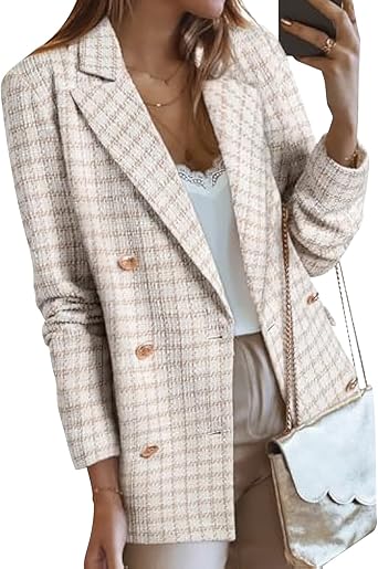 MINTLIMIT Women's Tweed Blazer Long Sleeve Double Breasted Open Front Jackets Casual Work Office Suit Blazers
