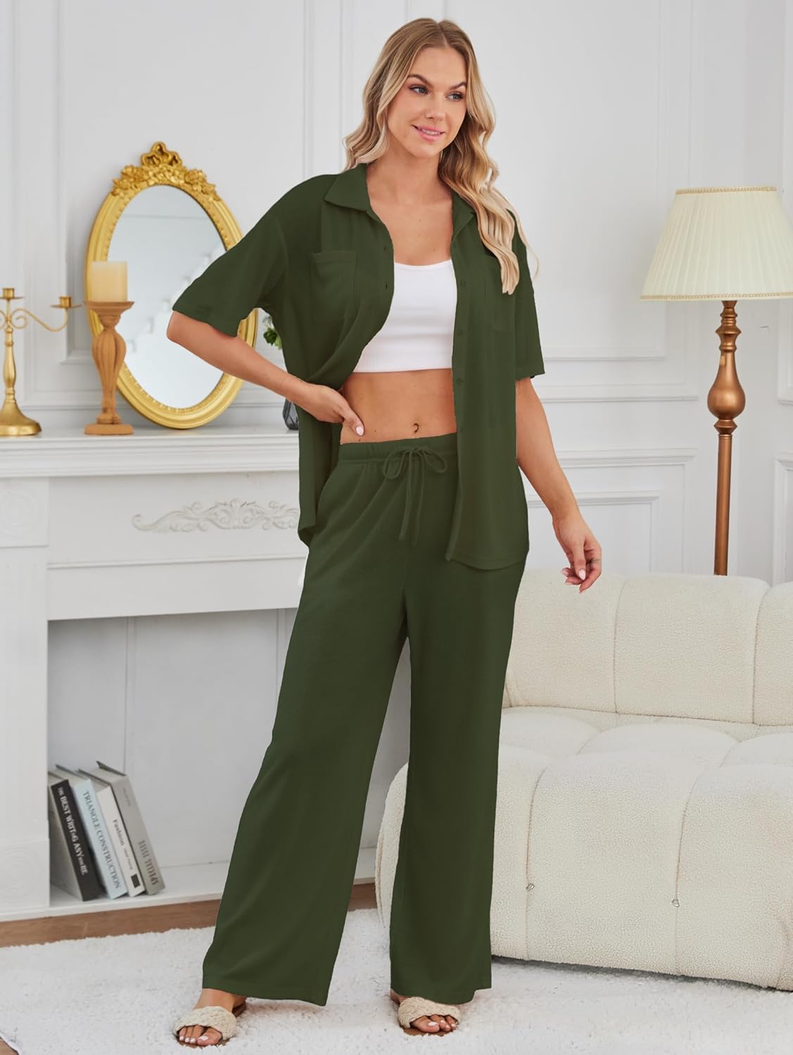 Kikibell Womens Pajama Sets 2 Piece Outfits Lounge Pjs Waffle Knit Sleepwear Button Down Shirts Wide Leg Pants with Pockets - Image 5