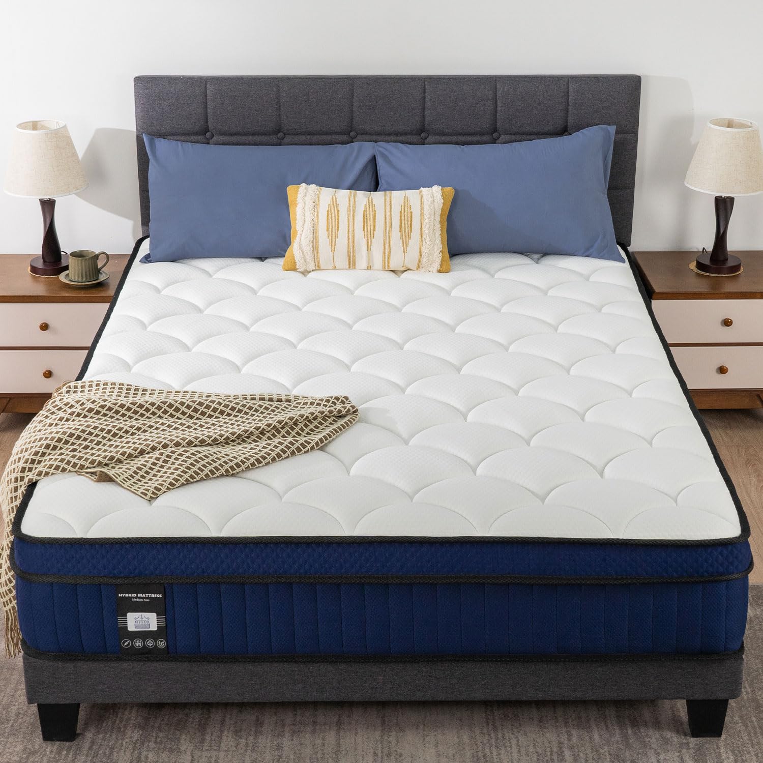 Queen Mattress, 12 Inch Pillow Top Hybrid Mattress in a Box Medium Firm Fiberglass-Free, Soft Breathable Pressure Relief Memory Foam Pocket