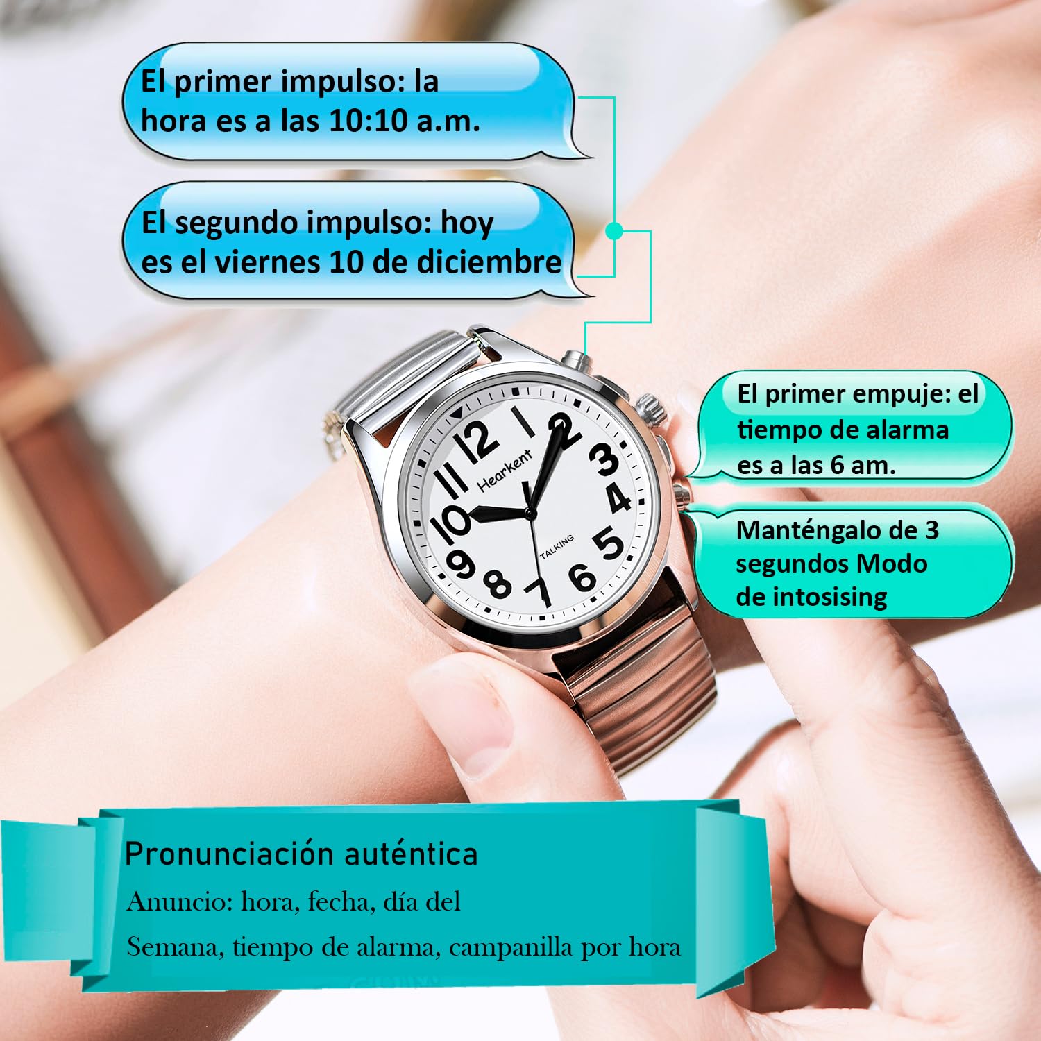 Hearkent Reloj parlante en español para Mujer con Correa expansible, Dice Hora, Semana y Fecha, Regalo práctico para Personas ciegas, Mayores o con discapacidad Visual