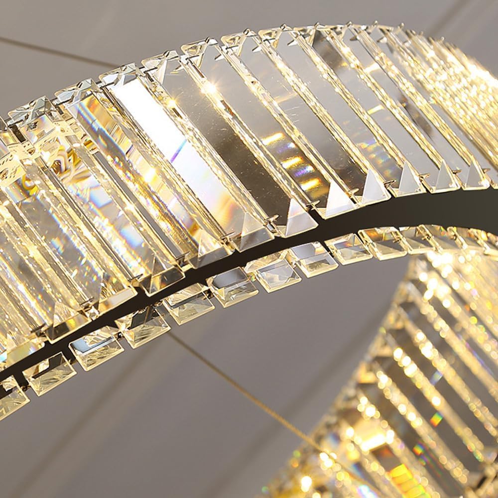 Lampadario Moderno a LED con Cristalli, 3 Anelli Rotondi, dimmerabile, per Soggiorno, Ingresso, atrio, Grande Lampada a Sospensione cromata.