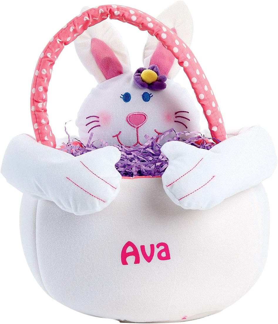 Lillian Vernon Personalized Plush Flower Easter Bunny Tote - Reusable Stuffed Animal Baskets With Custom Name, 14” Tall