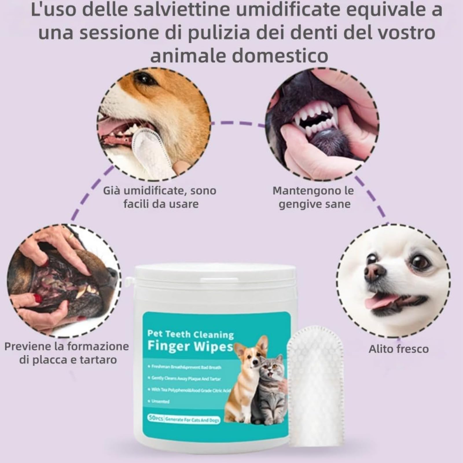 Zampalife Salviette Dentali Adatto a Cani e Gatti, Riduce Il Tartaro, Elimina Alito Cattivo e Alito Fresco (1 Scatola)