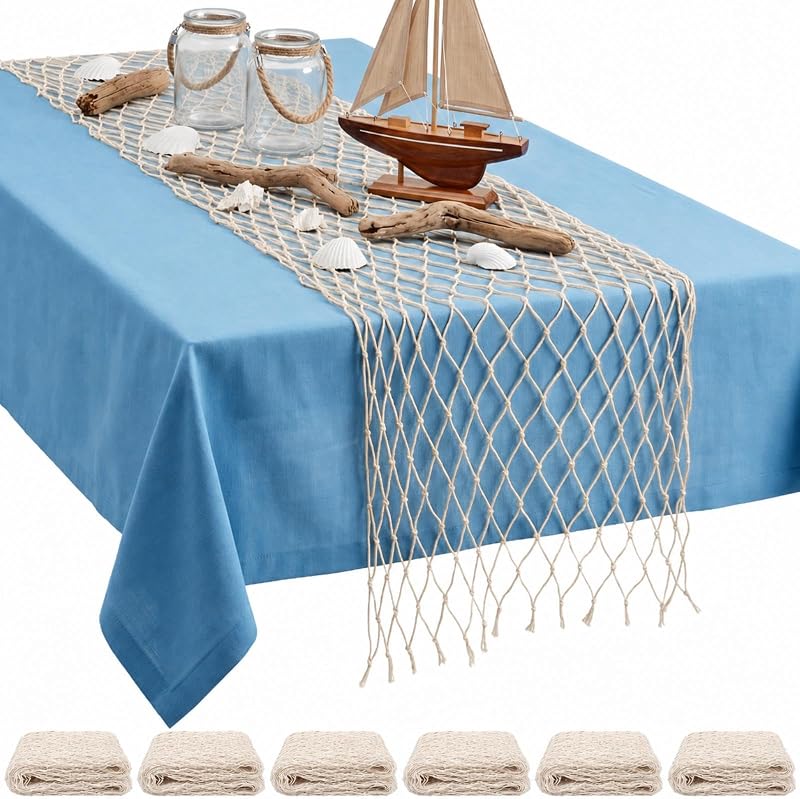 SATINIOR 6 piezas 12 x 72 '' Red de pesca camino de mesa decoración de fiesta, natural | Camino de mesa de red decorativo de algodón náutico, decoraciones de fiesta de red de peces, para decoración de fiesta de sirena pirata bajo el mar