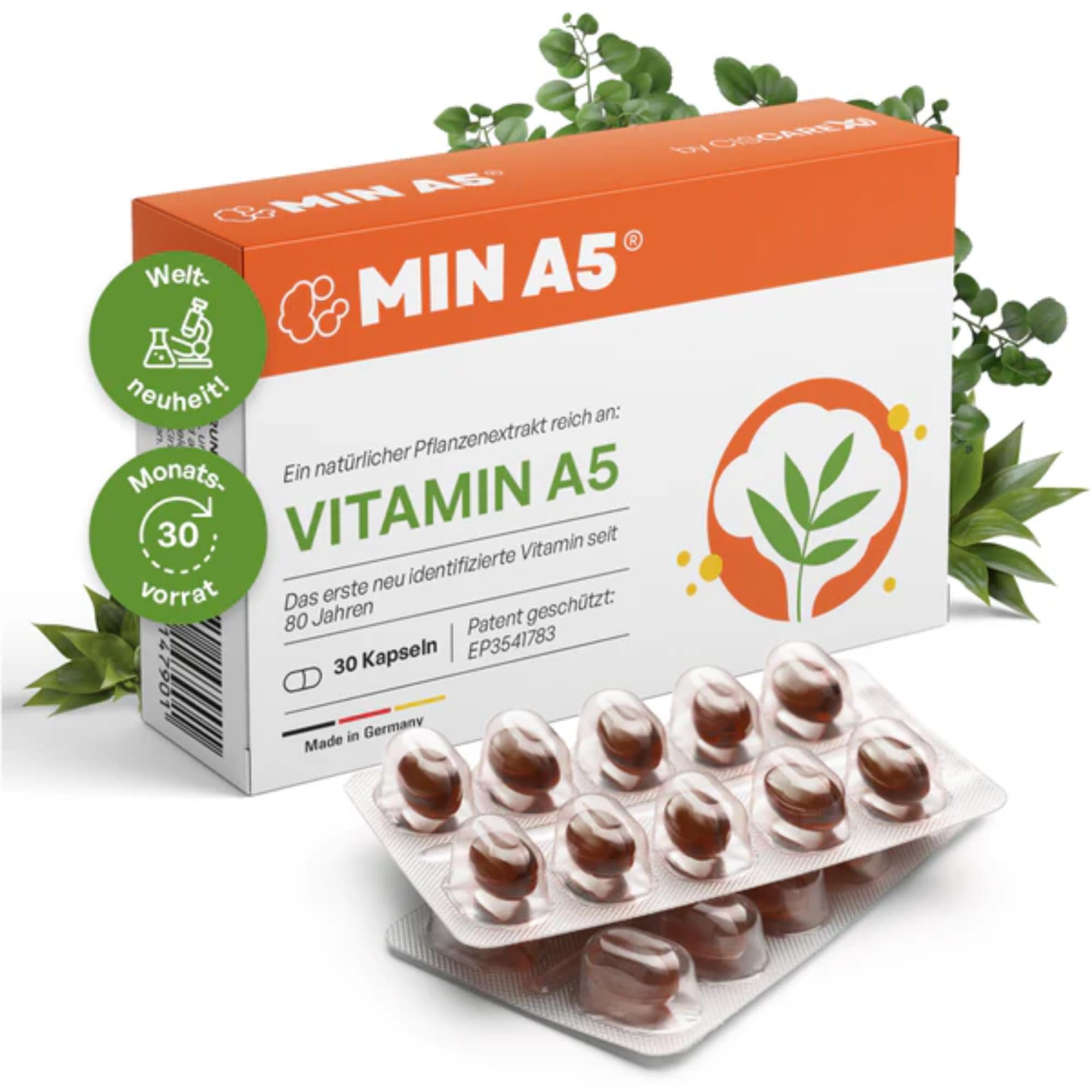 Vitamin A5 NEU identifizierts Vitamin A - 1 Monatsvorrat 30 Kapseln Nahrungsergänzung Natürlicher Extrakt hochdosierte Formel – Patentiert Made in Germany