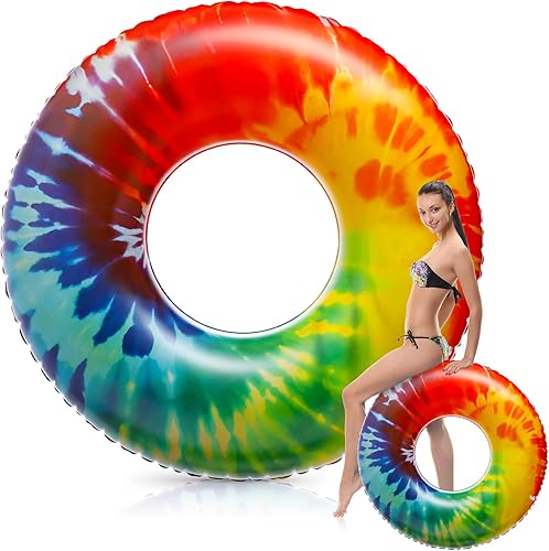 Flotadores inflables gigantes para piscina, flotadores de tubo de teñido anudado de 47.24 pulgadas, flotadores grandes y coloridos para adultos,