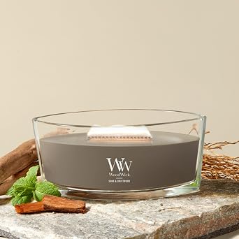 WoodWick Sand & Driftwood Gifts for Women and Men, 16 oz Ellipse Candle with Crackling Wick