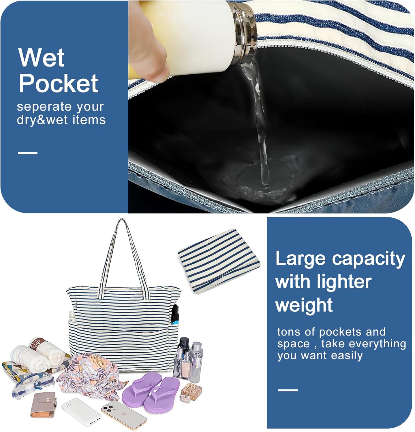Bluboon Beach Bags for Women, Large Waterproof Tote Bag With Wet Compartment for Pool Weekender Travel Gym - Image 6
