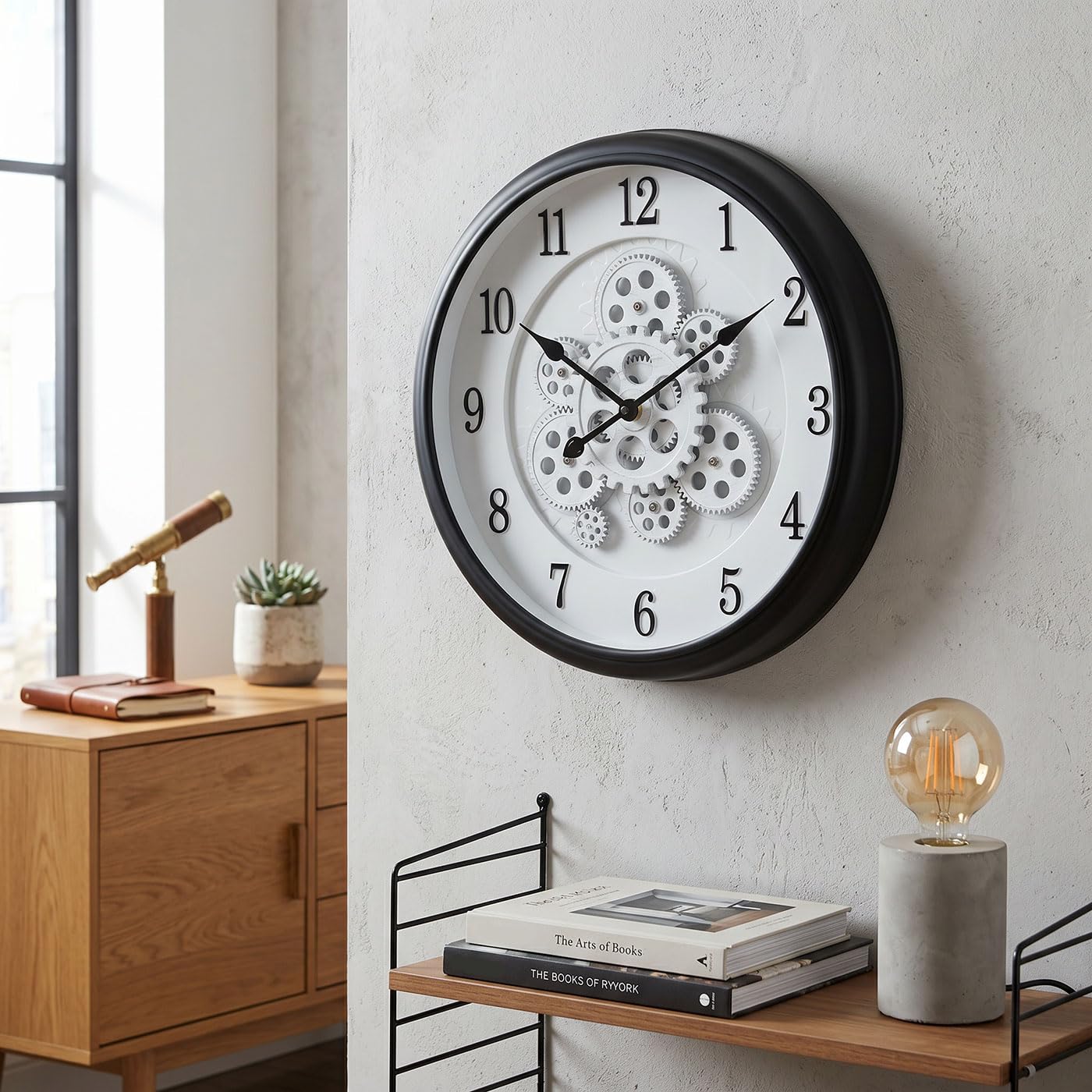 levandeo Zegar ścienny Ø 40 cm, wzór koła zębatego, czarno-biały, ruchome koła zębate retro steampunk dekoracja