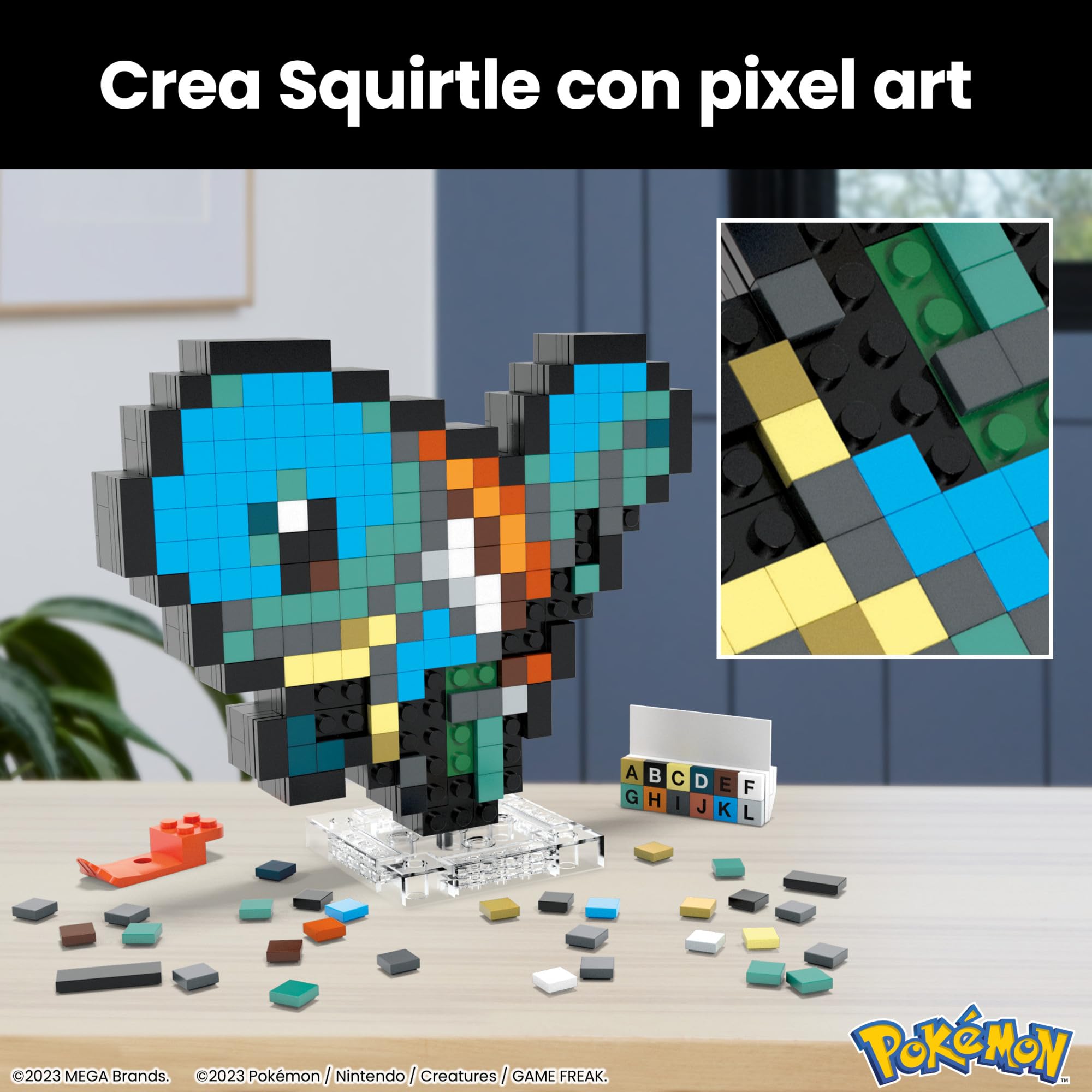 MEGA Pokémon Showcase - Squirtle, set in stile retrò pixelato da costruire con 367 pezzi, con base piana per esporlo e incisione sul retro per appenderlo, giocattolo per bambini, 13+ anni, HTH77
