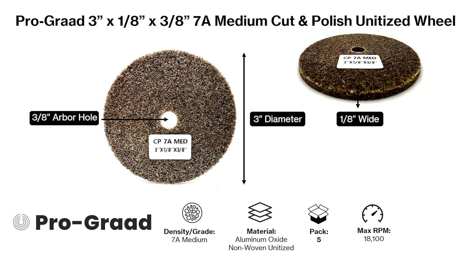 5 Pack 3” x 1/8” x 3/8” 7A MED Cut & Polish Unitized Wheel – Durable, Aggressive for Tough Blending, Finishing & deburring Stainless, Carbon Steel & high-Nickel alloys, 17250