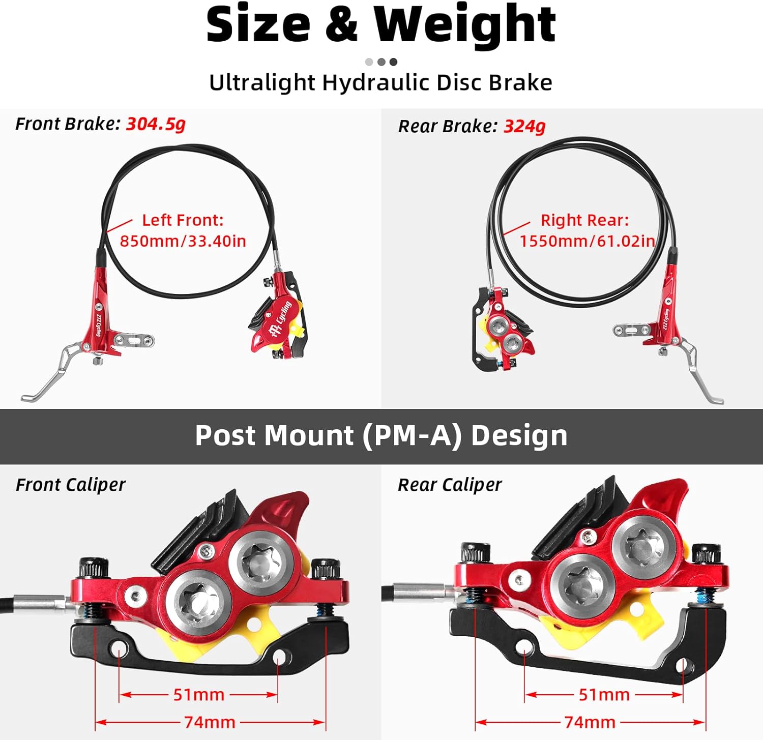 MTB Hydraulic Disc Brake Set 4 Pistons Front 850mm and Rear 1580mm Hydraulic Brakes with Aluminum Alloy Lever with Caliper Ceramic Brake Pad Fit Mountain Bike, Ebike, Fat Bike(Pre-Bled)