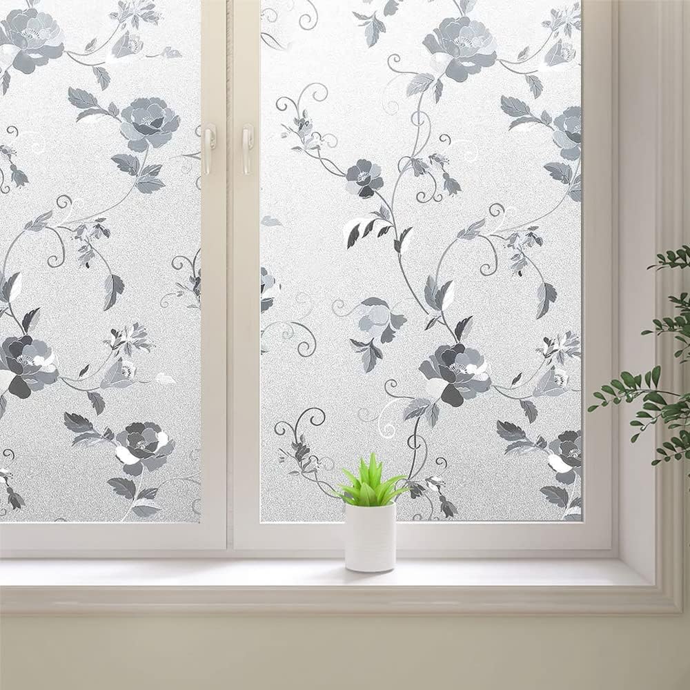 Frosted Window Privacy Film, Static Cling Decorative Glass Film, Anti UV Window Film Non-Adhesive Window Cling, Peony Flower, 35.4 x 157.4 inches