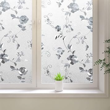 Frosted Window Privacy Film, Static Cling Decorative Glass Film, Anti UV Window Film Non-Adhesive Window Cling, Peony Flower, 17.5 x 157.4 inches