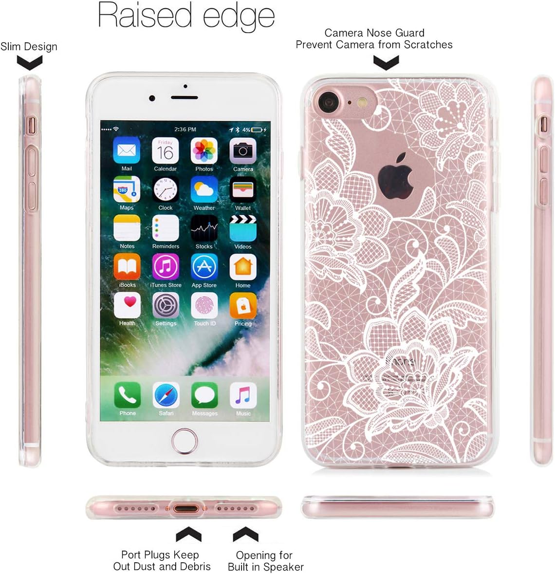 iPhone 8 Clear Case, iPhone 7 Case Lace Paisley Flower Design, Floral White Pattern Shockproof Protective Bumper Cover Case for Girls and Women, Compatible for Apple iPhone SE 2020 Case White Lotus