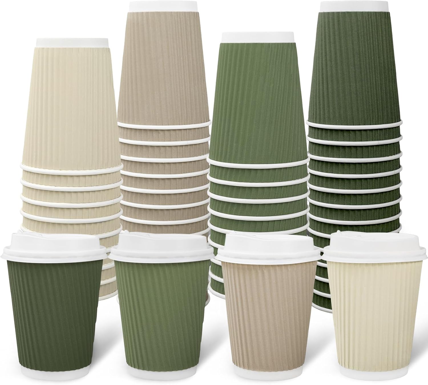 Whaline 100Pcs Nude Sage Green Disposable Coffee Cups with Lids 12oz Milky White Brown Green Paper Cups Corrugated Ripple Wall Insulated Hot Cups for Home Office Party Supplies
