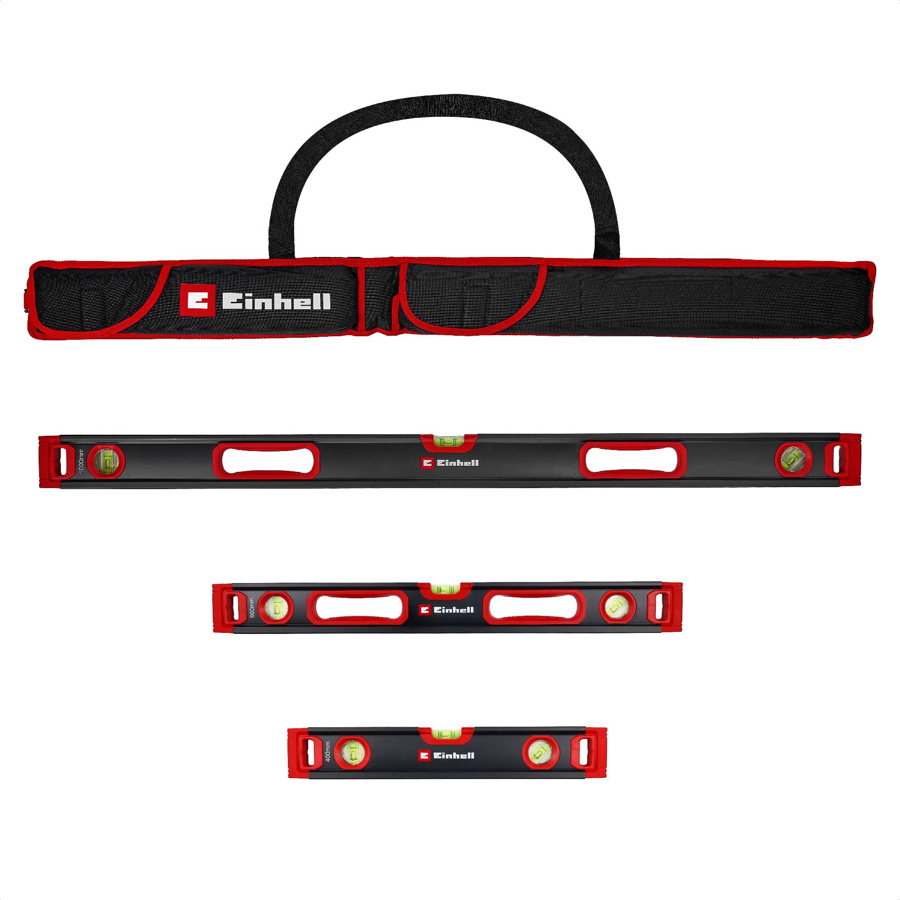 Einhell set di livelle professionali da 3 pezzi, 40/60 / 100 cm | Profilo alluminio | 3 fiale | base magnetica | precisione ±0,5 mm/m | terminali gomma | borsa trasporto incl.