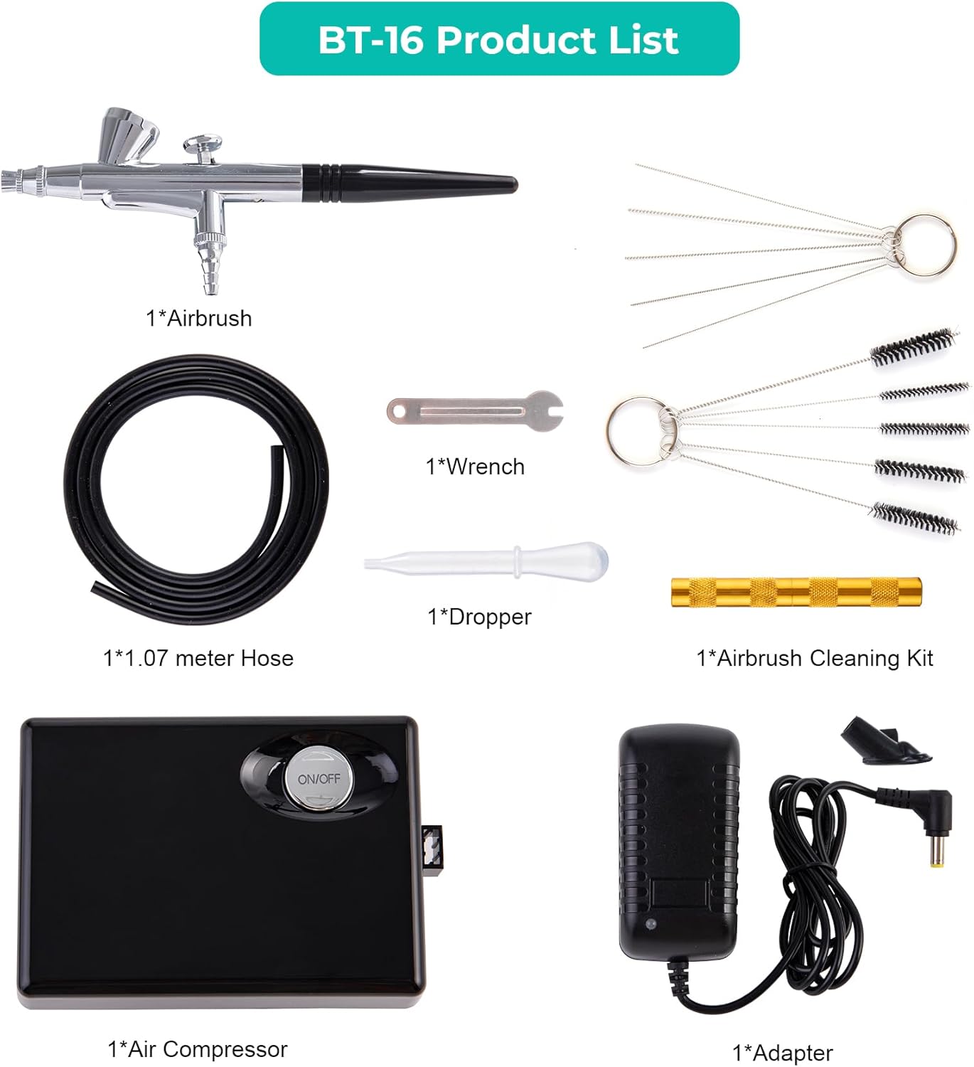 Airbrush Kit with Compressor, 25 PSI, 0.3mm Nozzle, Air brush Gun Set for Nails Art, Cakes, Painting, Cookie, Clothes, Paint, Cleaning Machine(ACK-BT16)