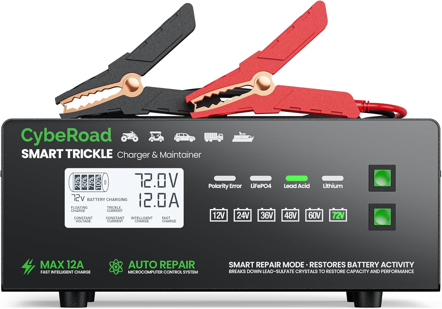 Smart Adjustable Battery Charger 12V 24V 36V 48V 60V 72V, 0–12A Fast Charging for LiFePO4, Lithium & Lead Acid Batteries, Fully Automatic Pulse Repair & Desulfation for Car, RV, Golf Cart