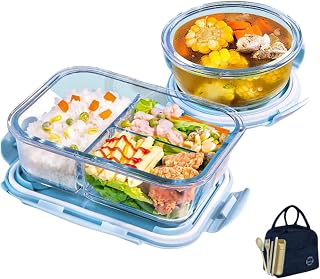 饭盒 2件套 午餐盒 高硼硅玻璃 便当盒 微波炉适用 带餐具收纳袋 3分割 绿色盖
