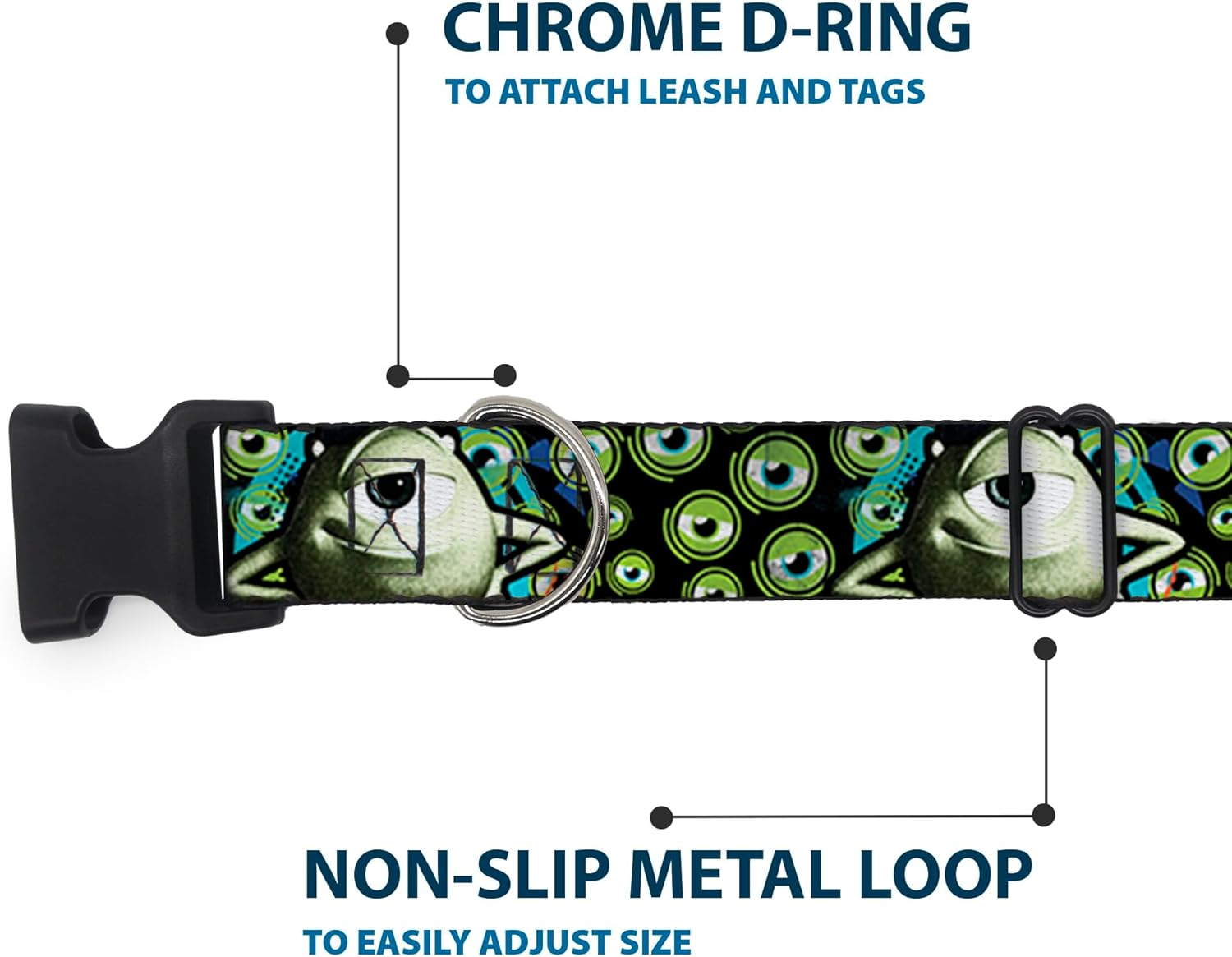 Buckle-Down Plastic Clip Collar - Mike Poses/Eyeballs Black/Greens - 1.5" Wide - Fits 13-18" Neck - Small