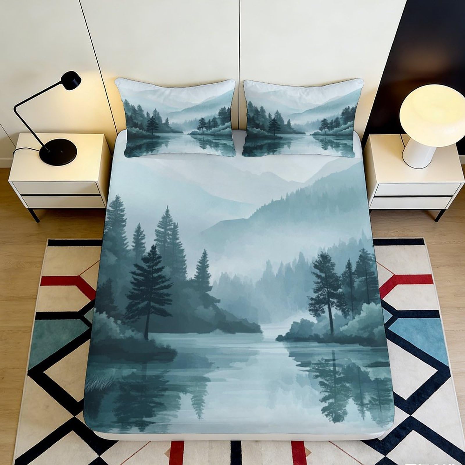 3D Printed Misty Forest Fitted Sheet Microfiber Scenic Mountain River Mattress Cover for Bedroom Guest Room Decor 90x200x25cm
