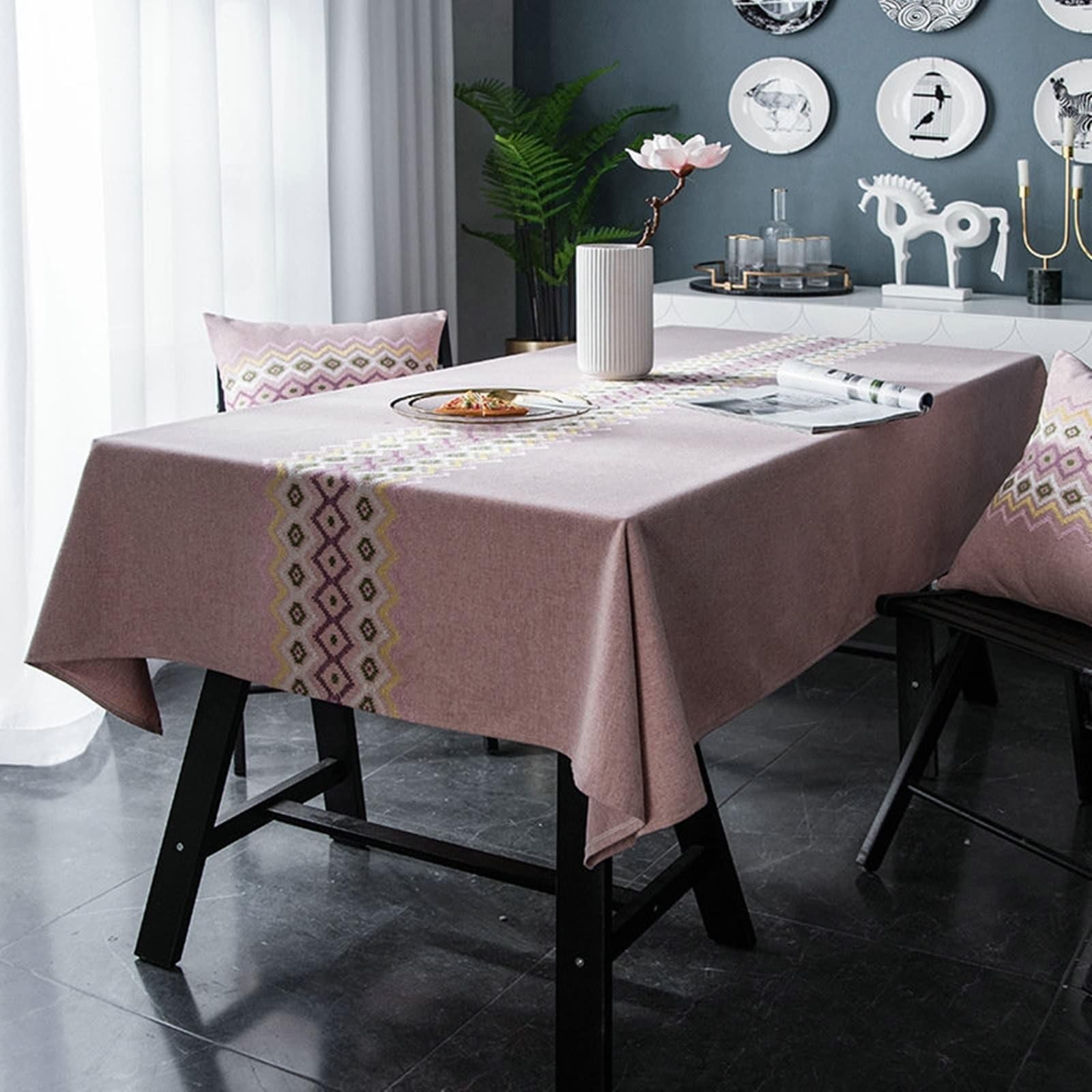 Tablecloth różowy, bawełna len zmywalny obrus haft obrus prostokątny 100 x 160 cm