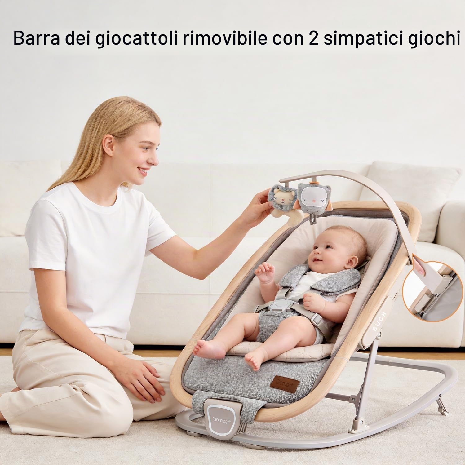 Gromast Sedia a dondolo 2 in 1 per neonati, dondolo portatile con 3 posizioni reclinabili, giocattoli da appendere e borsa da viaggio - Grigio chiaro