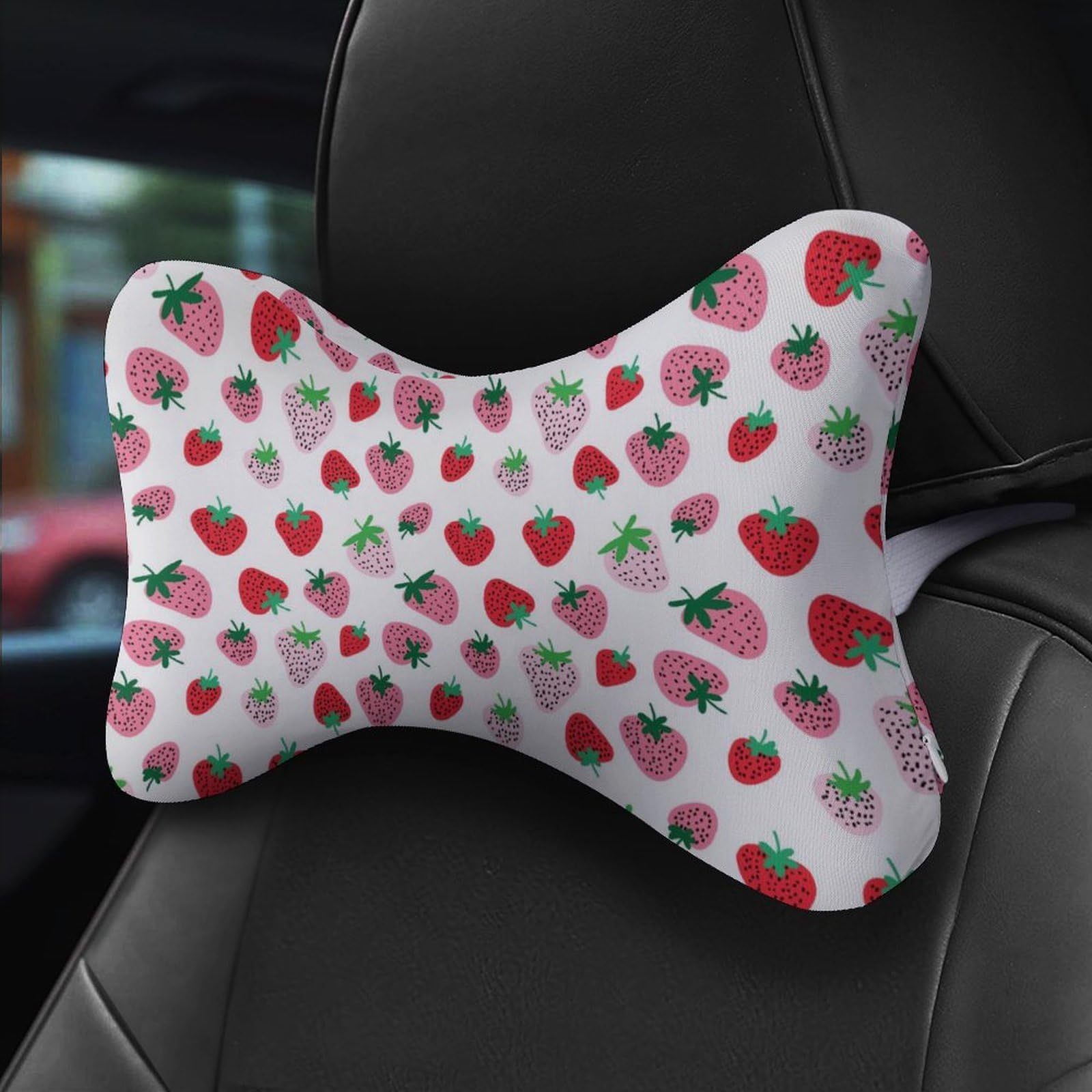 Strawberry Leaves Car Neck Pillow Set of 2 Car Seat Head Support Cushion Bone Pillows with Elastic Strap