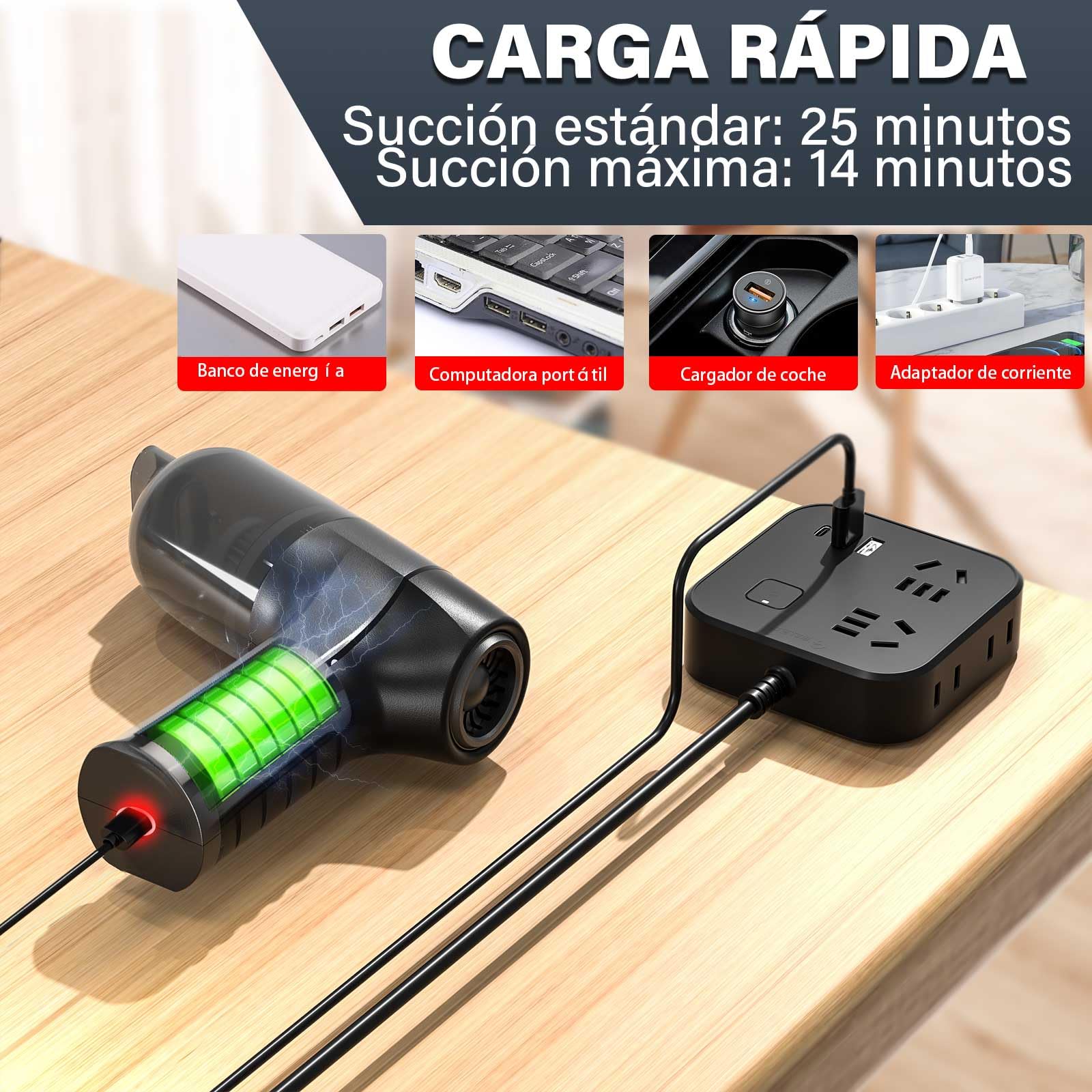 Aspirador Coche - aspiradora de Mano - 140000 PA Soplador para PC - Rojo Oscuro