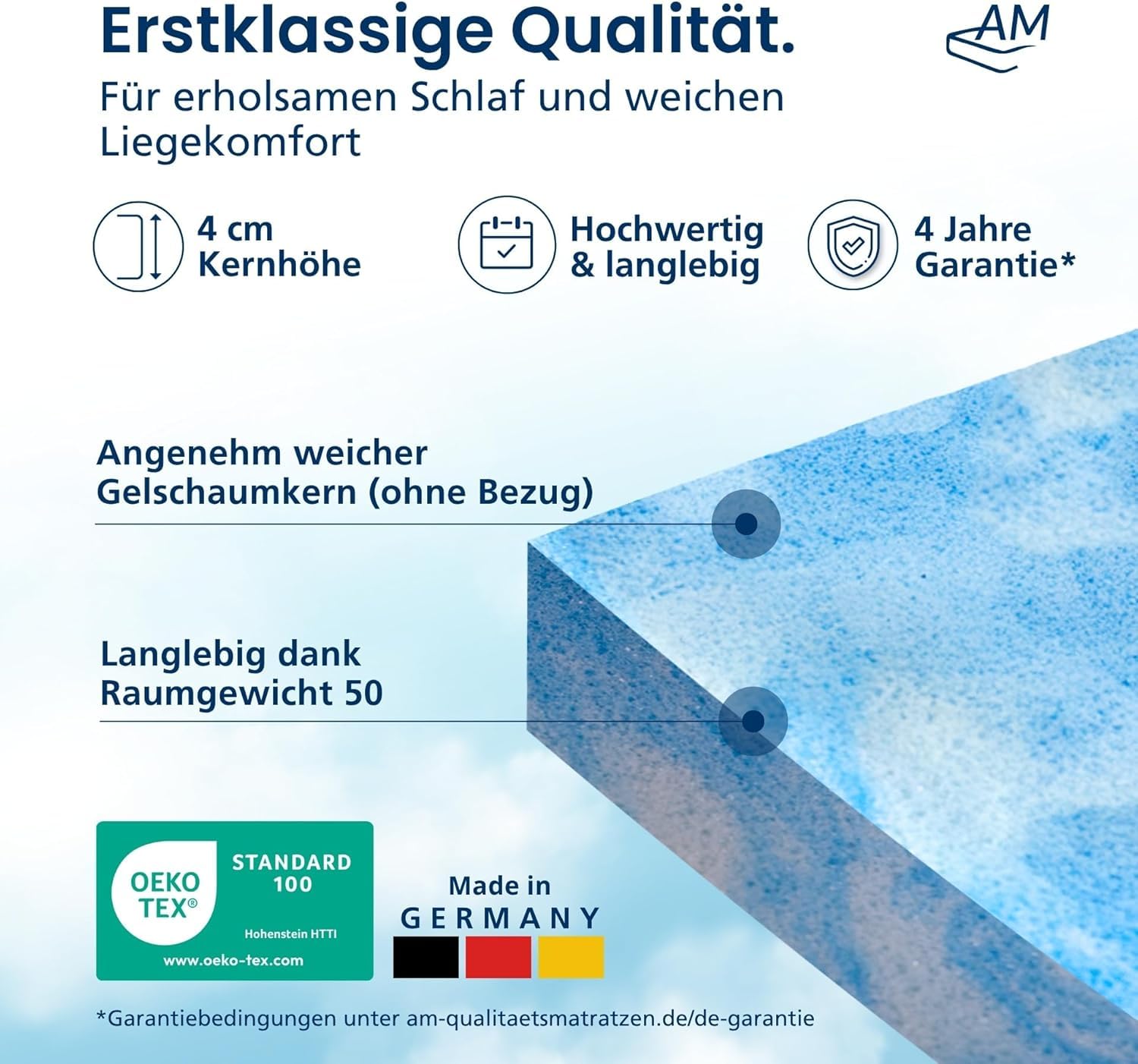AM Qualitätsmatratzen Gelschaum Topper ohne Bezug 140x200 cm - Made in Germany - Oeko TEX zertifizerte Matratzenauflage 140x200 Schaumstoff - Gelauflage für Matratzen - Memory Foam Topper 140x200cm