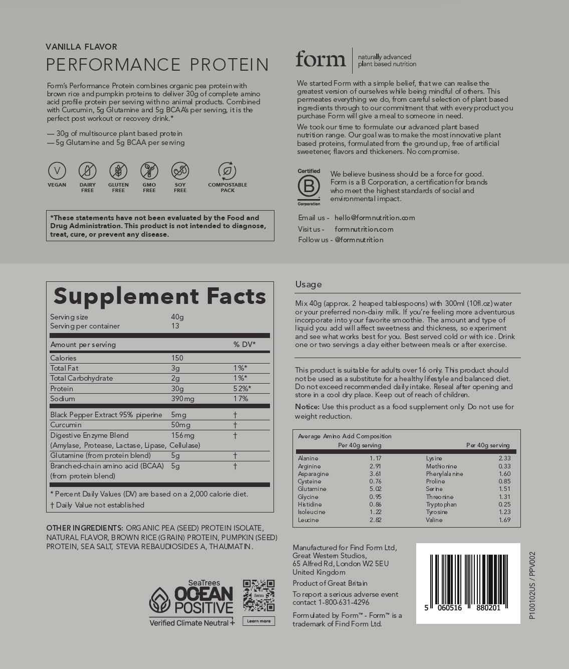 Form Performance Protein - Vegan Protein Powder - Complete Amino Acid Profile with BCAAs and Digestive Enzymes. Perfect Post Workout. Tastes Great with Just Water! (Vanilla)