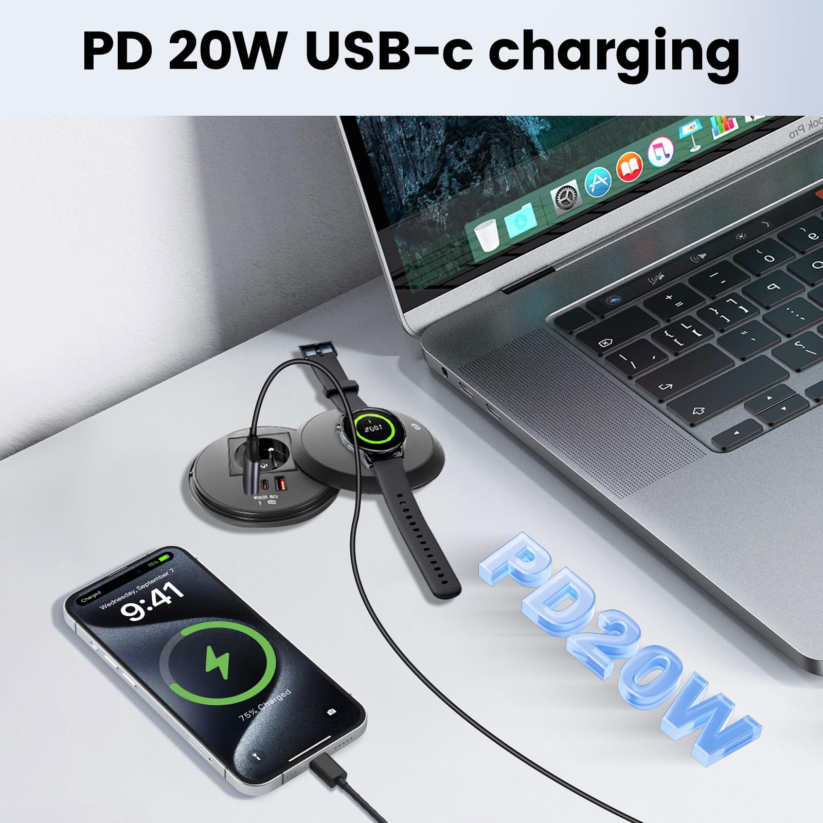 Prise de table escamotable ronde 80 mm avec couvercle, prise de type E (FR), USB-C PD 20 W et USB-A, charge sans fil 15 W, prise encastrée, noire, pour bureau et meubles, câble de 1,5 m