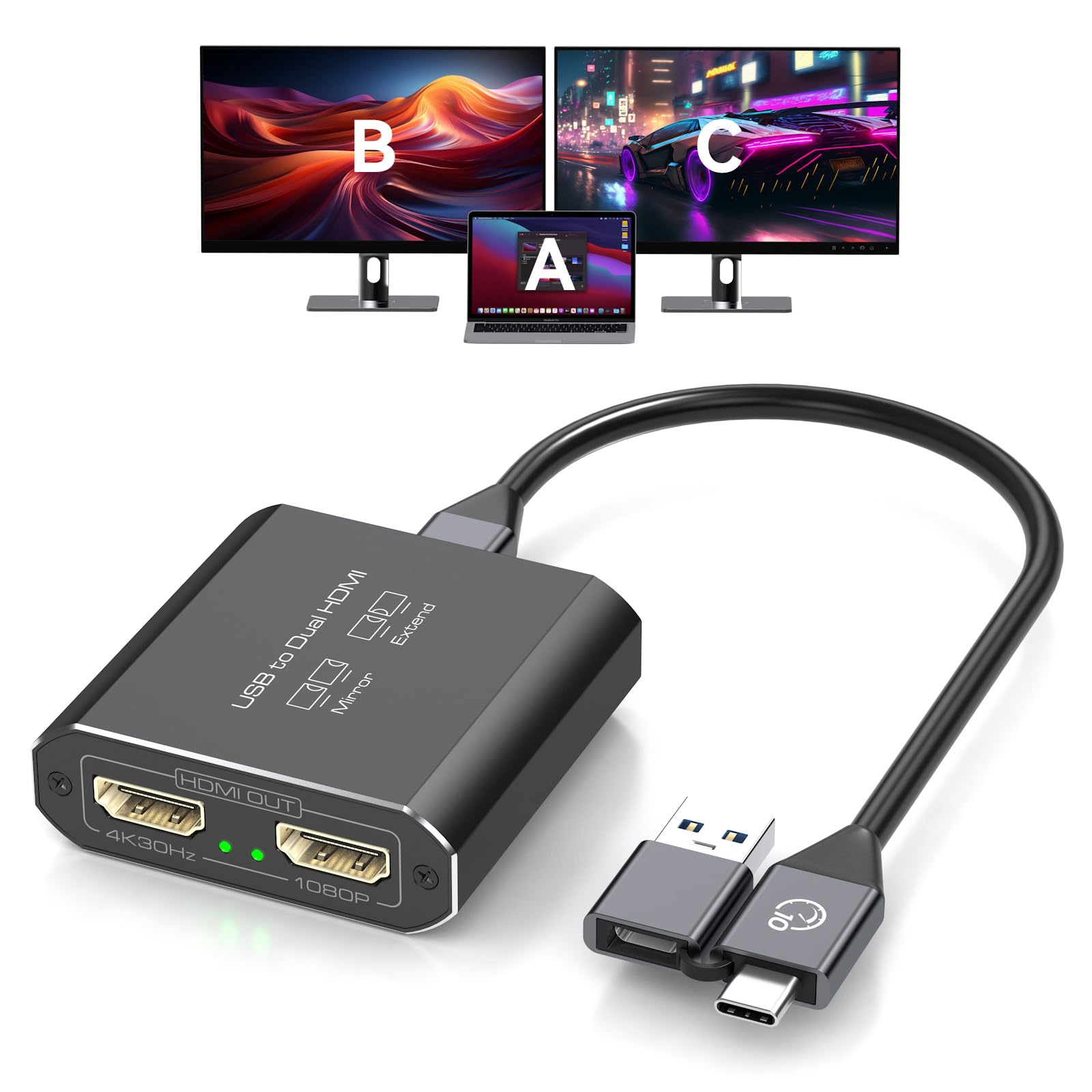 Splitter HDMI Display esteso per doppio monitor USB A & C a 2 hdmi Adapter 1 in 2 Out per laptop Mac Triple Set Supporto MST & SST modalità; 4K @30Hz Out 1, 1080p Out 2