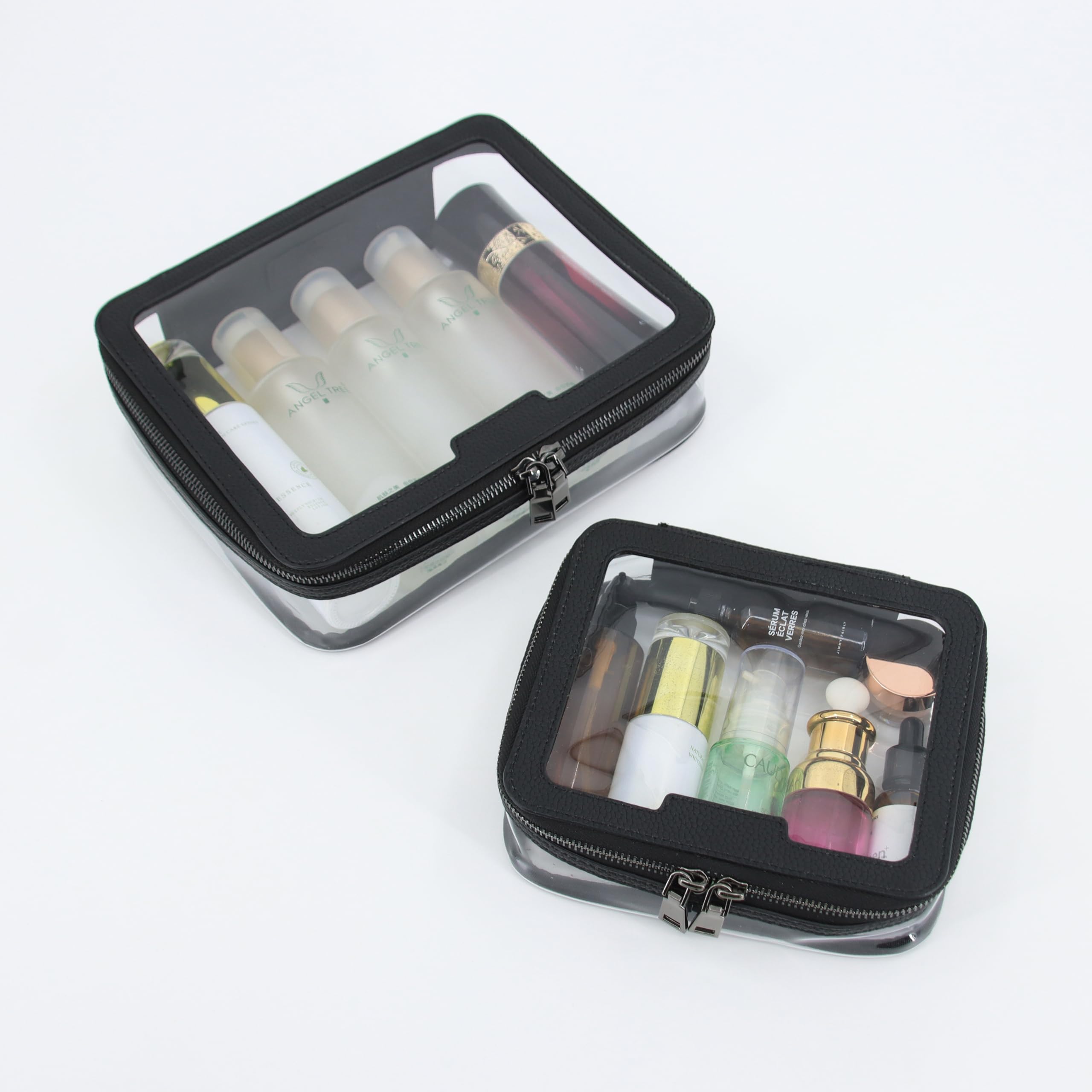 Duo, wasserdichtes Kulturbeutel, Reise-Set, transparenter PVC-Reißverschluss, Kosmetik-Organizer und Make-up-Tasche, 2 Stück, groß und klein, veganes Leder, schwarze Taschen für Damen und Herren
