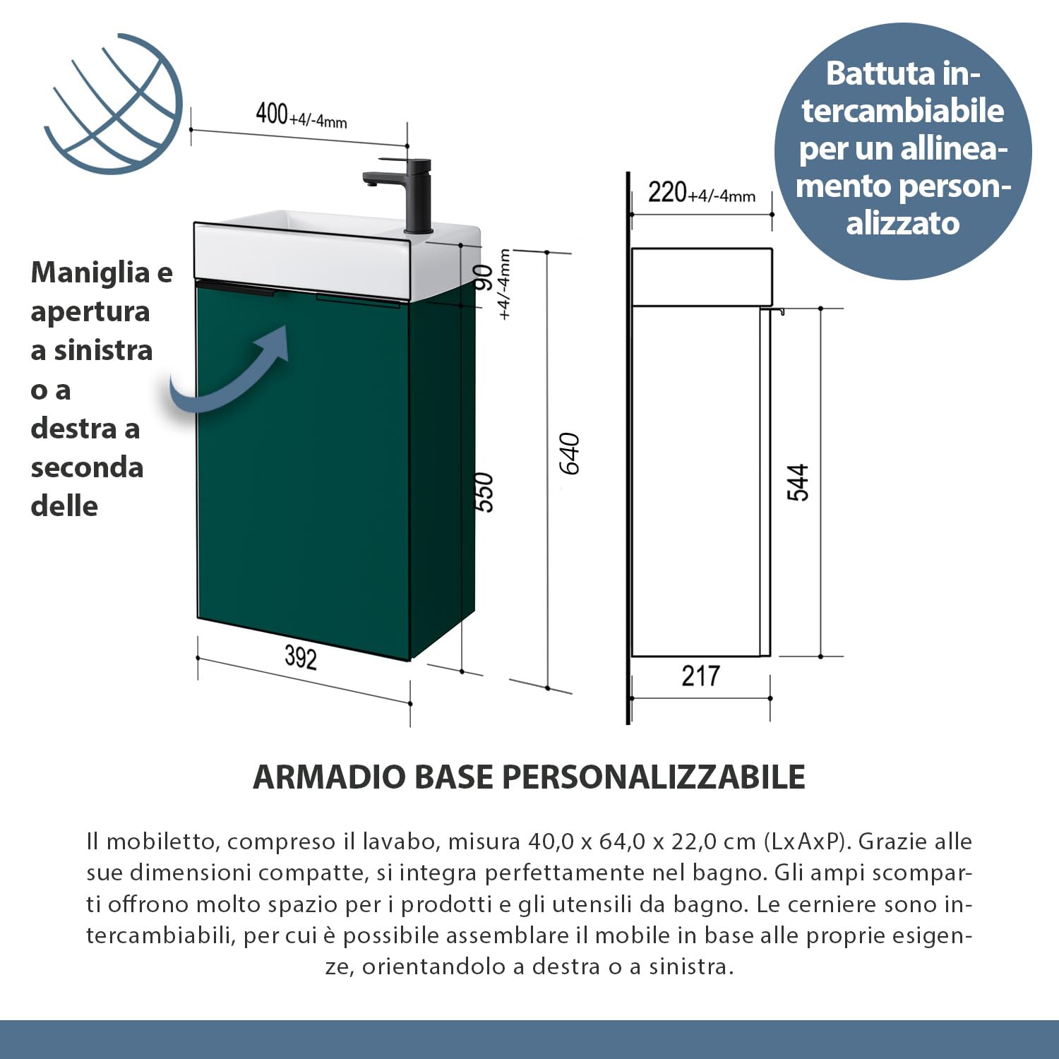 Lavabo Con Mobiletto 40cm Antracite - Set Bagno Moderno Con Rubinetto Nero Opaco