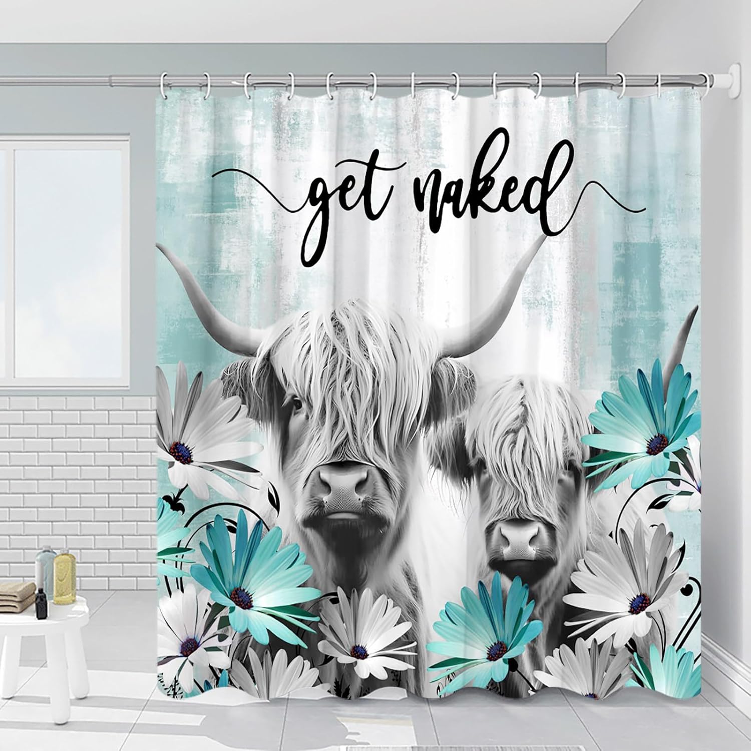 Highland Cow Shower Curtain Blue Grey Daisy Western Rustic,Junk Style,Vintage Rustic Animal Bathroom Decor Polyester Waterproof Machine Washable with Hooks