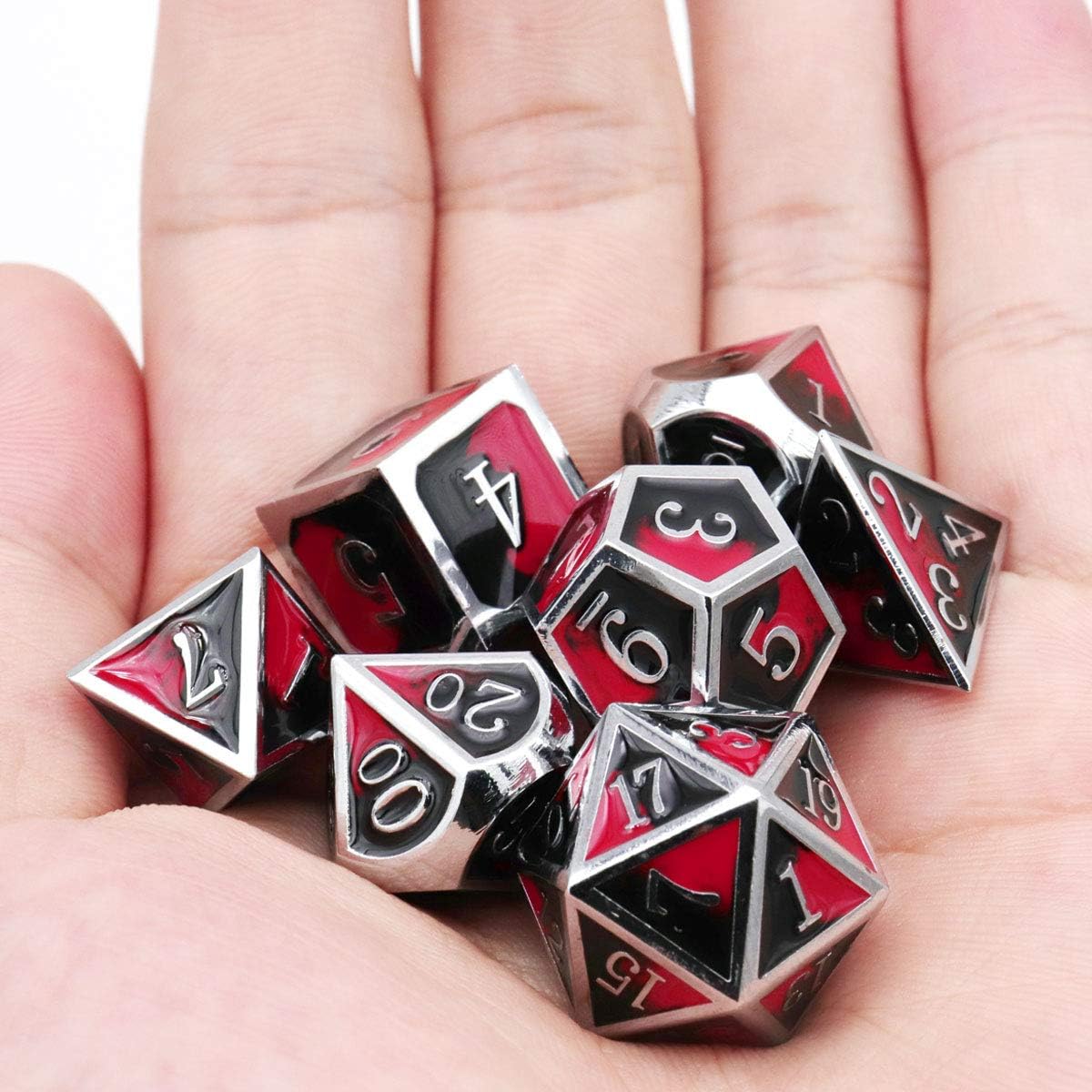 Haxtec Metal DND Dice Set Silver Red Black Enamel Vampire D&D Dice with Leather Dice Bag Compatible with Dungeons and Dragons TTRPG Gift for DND Lovers Players Masters
