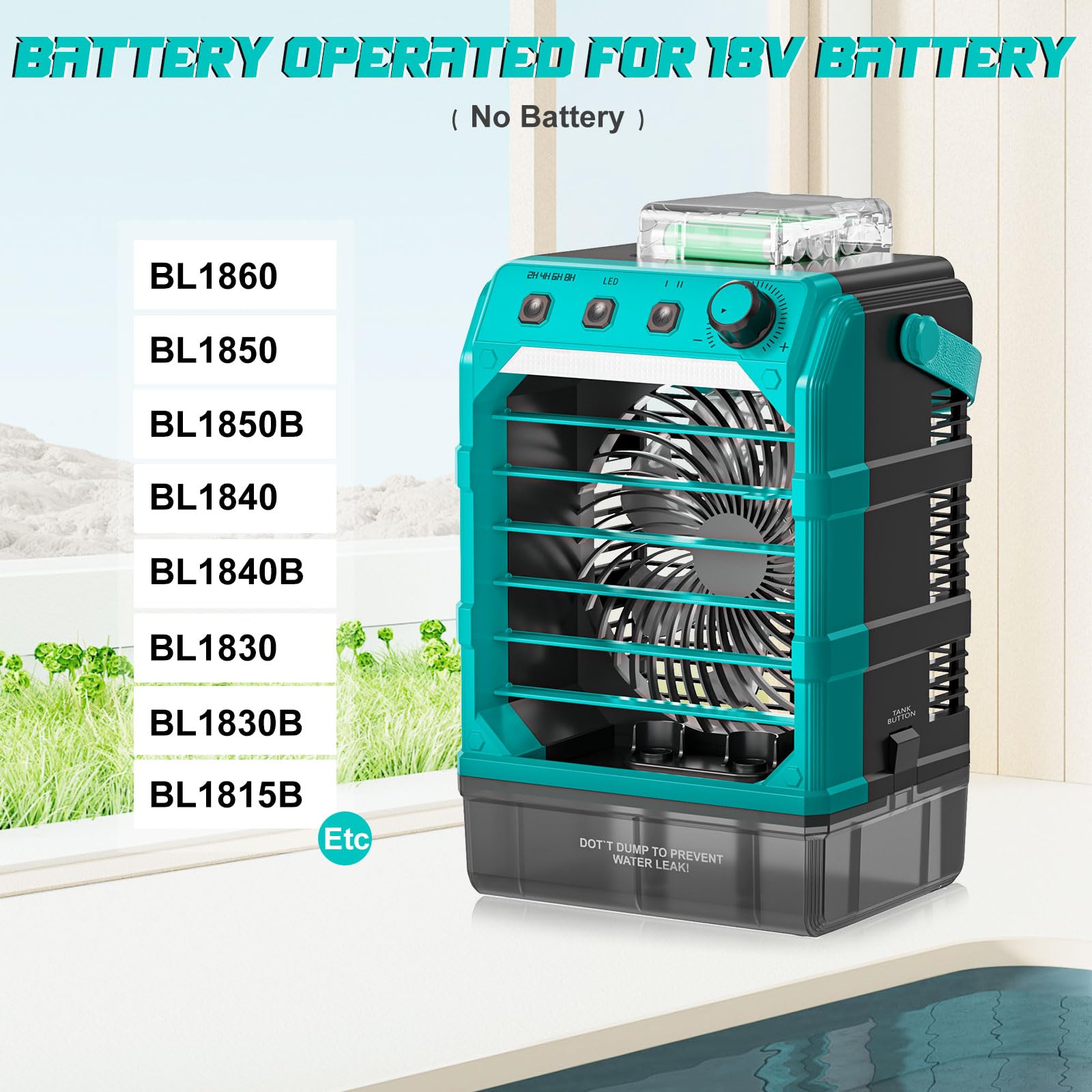 Ventilator mit Wasserkühlung Kompatibel für Makita 18V Akku und USB-betrieben，Luftkühler mobil mit Wasserkühlung,Ventilator mit Luftbefeuchter für Terrasse, Garage Urlaub Sport Büro Garten