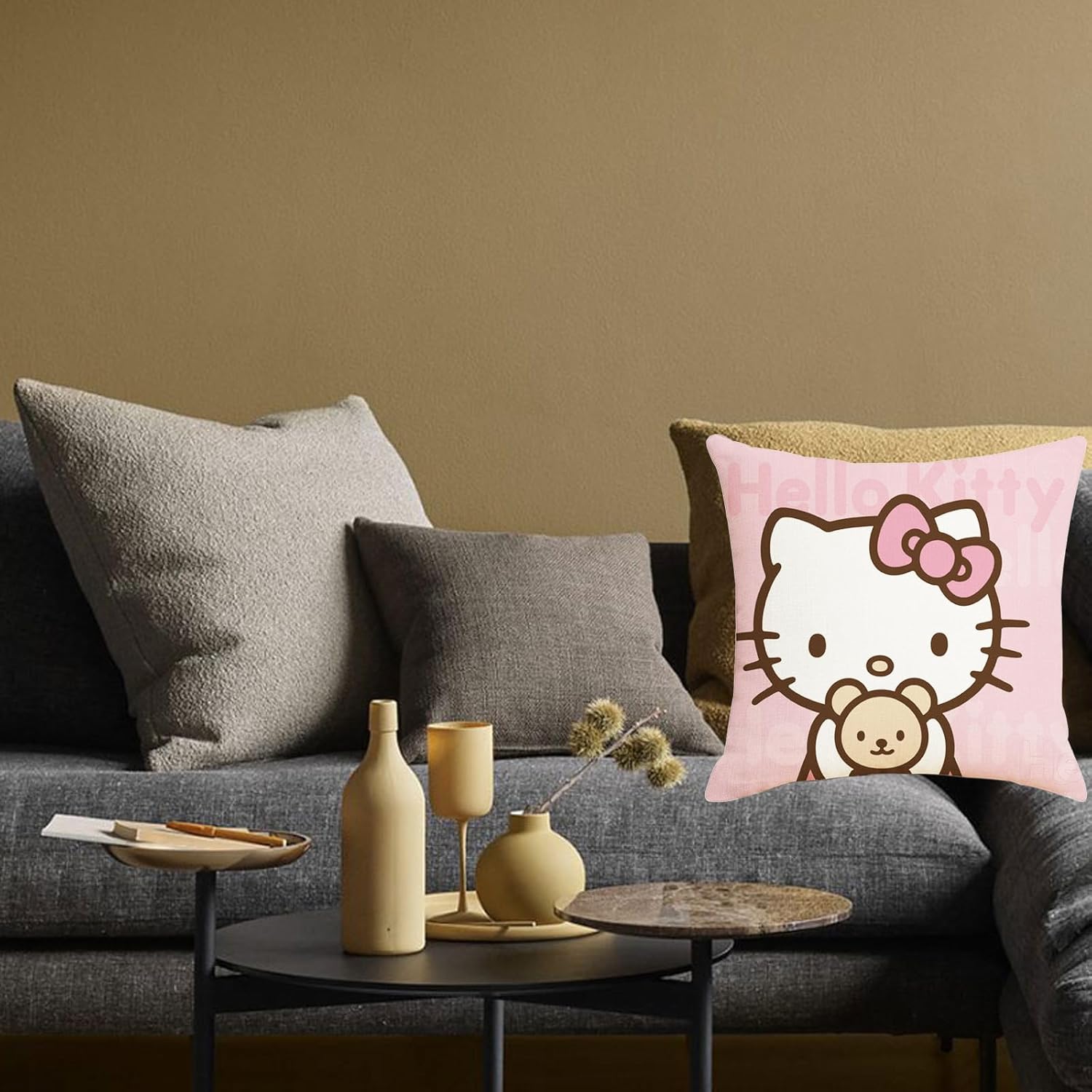 Kitty Throw Pillow Covers, Kawaii Square Cushion Case Cartoon Home Decor for Sofa Bedroom Living Room, 18" x 18" Kt 2pcs