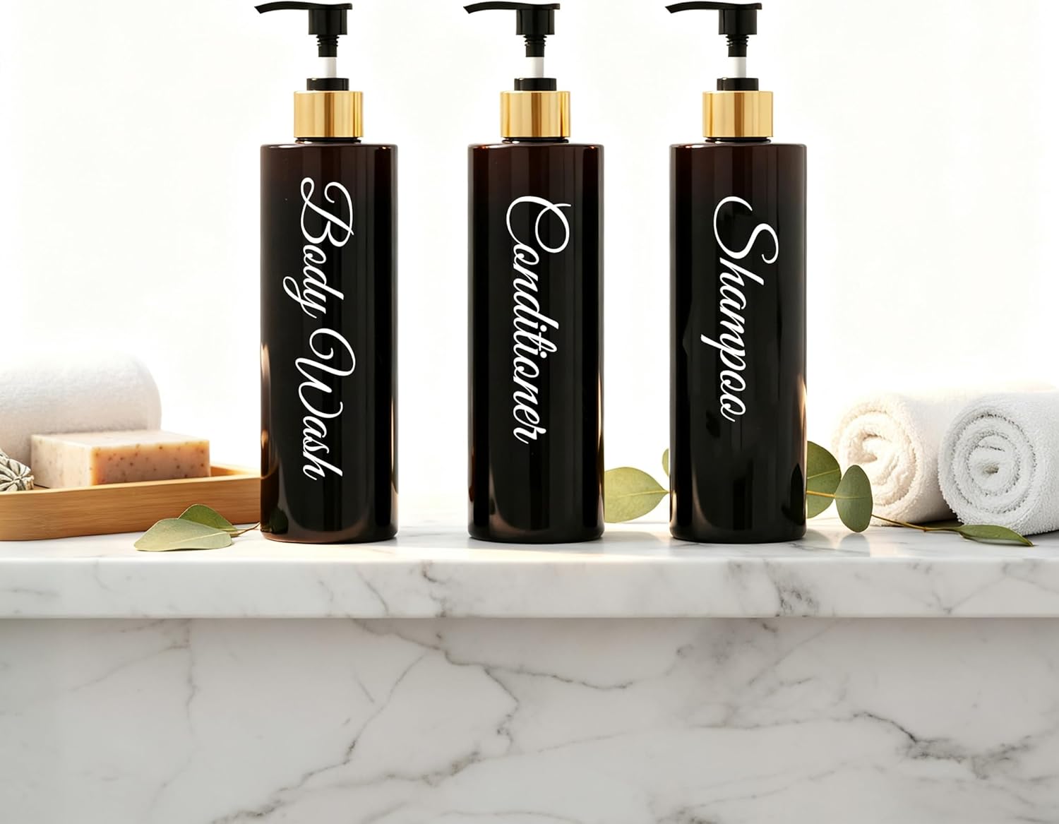 Shampoo and Conditioner Dispenser - Essentials Toiletry Bottles - Shower Refillable Shampoo and Body Wash Soap Pump Bottle – 3X 16oz Containers - Black-Round Gold-Cap 2