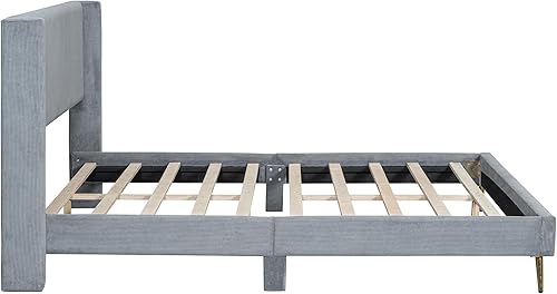 Miniatura 15 de Base de cama tapizada de tamaño Queen con cabecero y estribo con adornos de tachuelas, plataforma de tela de terciopelo moderna con 4 cajones de