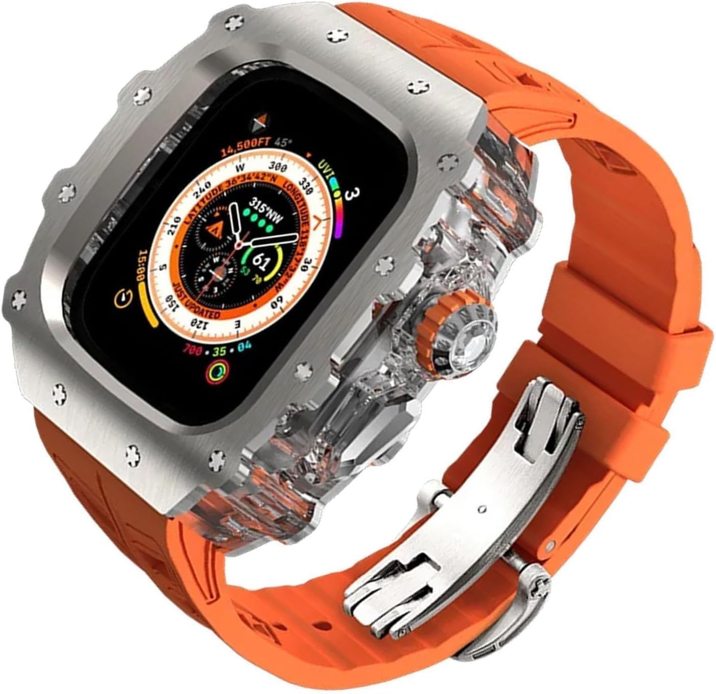 INFRI Luxury Watch Case Silicone Watch Band Mod Kit，For Apple Watch Series 45mm 44mm 49mm，Titanium Clear Watch Cover And Metal Clasp，For IWatch 8/7/6/5/4/SE Series Modification Upgrade