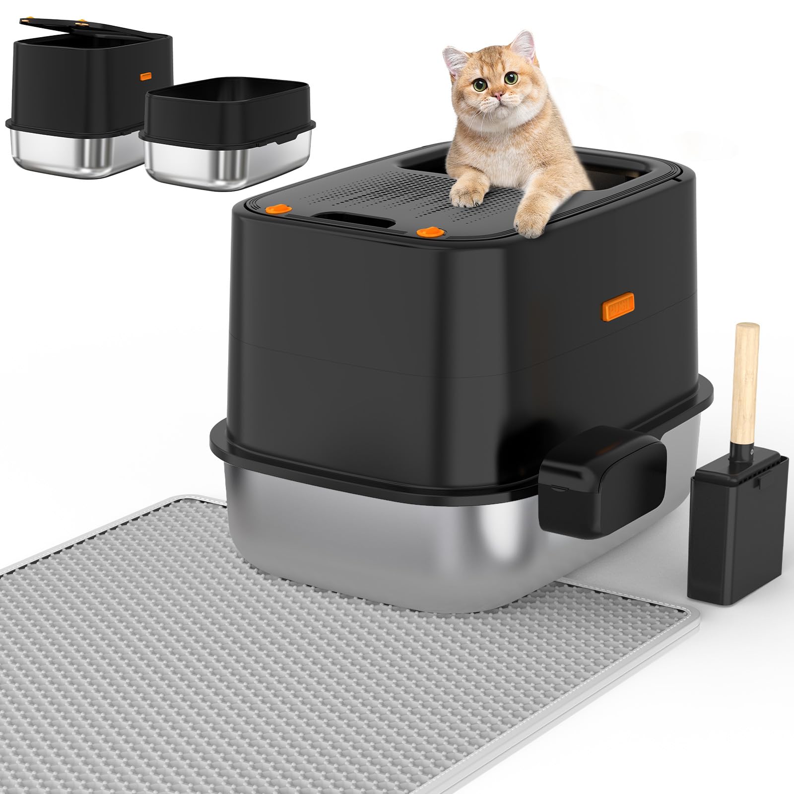 WoofiGo Enclosed Stainless Steel Cat Litter Box with Lid, XL Extra Large Litter Box for Big Cats, Metal Litter Pan High Sided, Never Absorbs Odors,